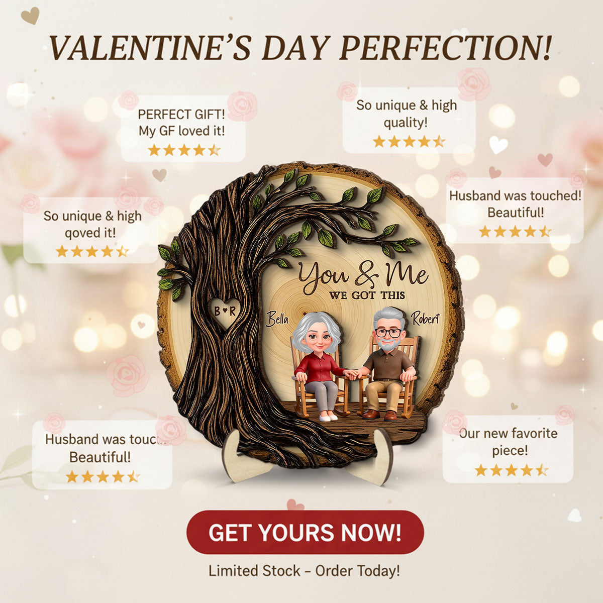 Old Couple Rocking Chair Under Heart Carved Tree - Personalized 2-Layered Wooden Plaque - Valentine's Day Gift For Couple