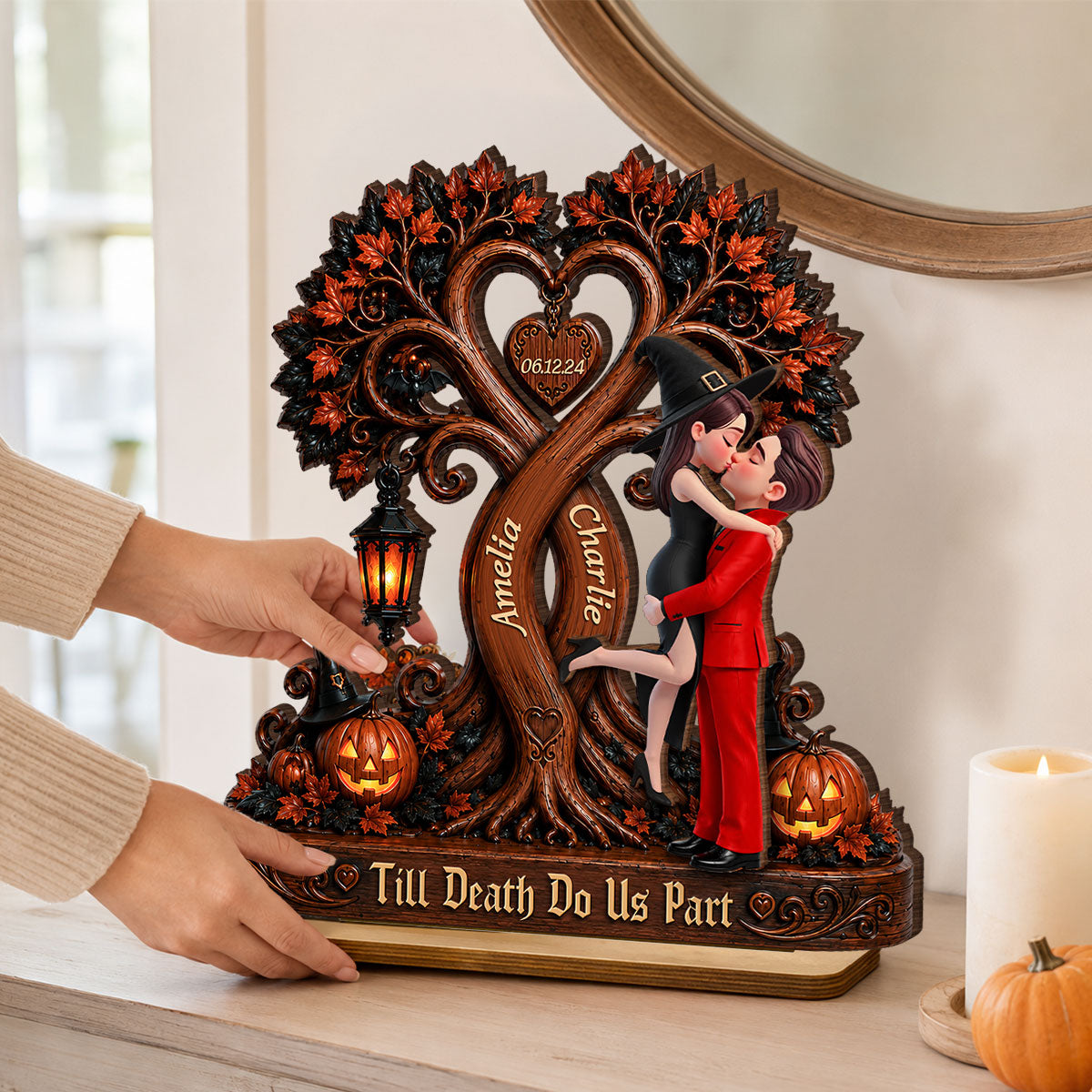 Couple Kissing Under Halloween Tree - Personalized 2-Layered Wooden Plaque - Halloween Decor for Her, for Him