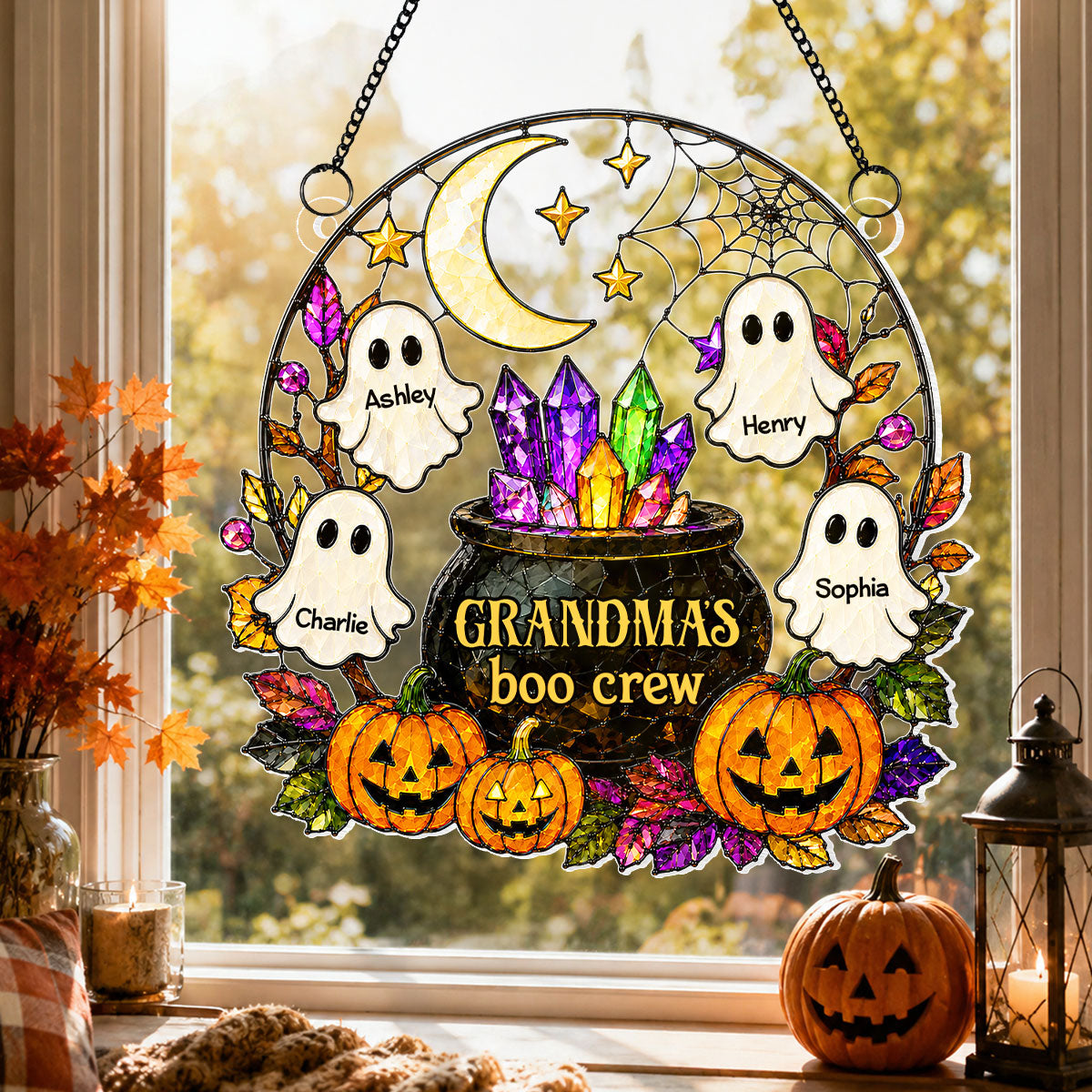 Spooky Grandma's Boo Crew Cauldron - Personalized Acrylic Window Hanging - Halloween Decoration For Grandma