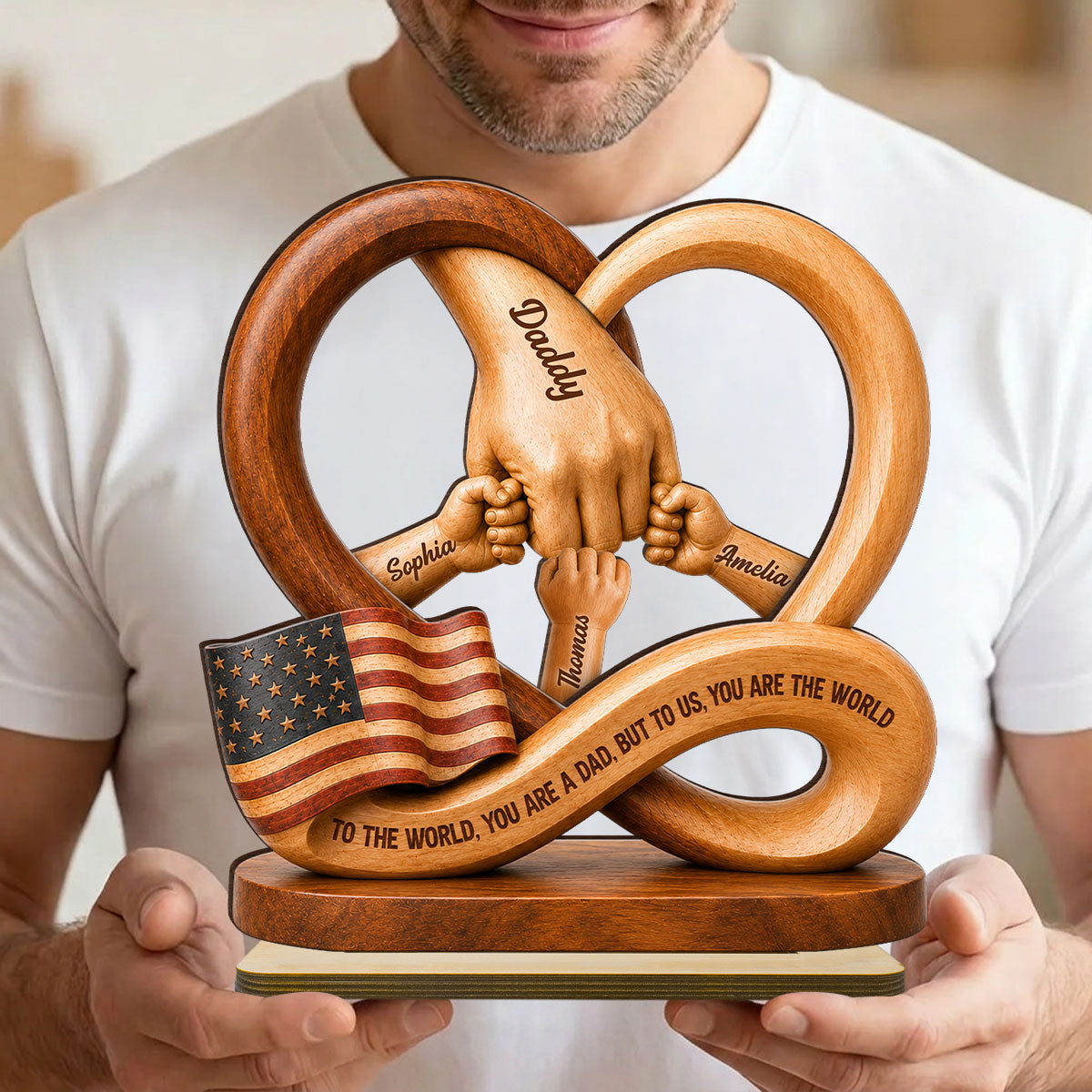 Dad to Us You Are the World - Personalized 2-Layered Wooden Plaque -  Gift for Dad, Husband