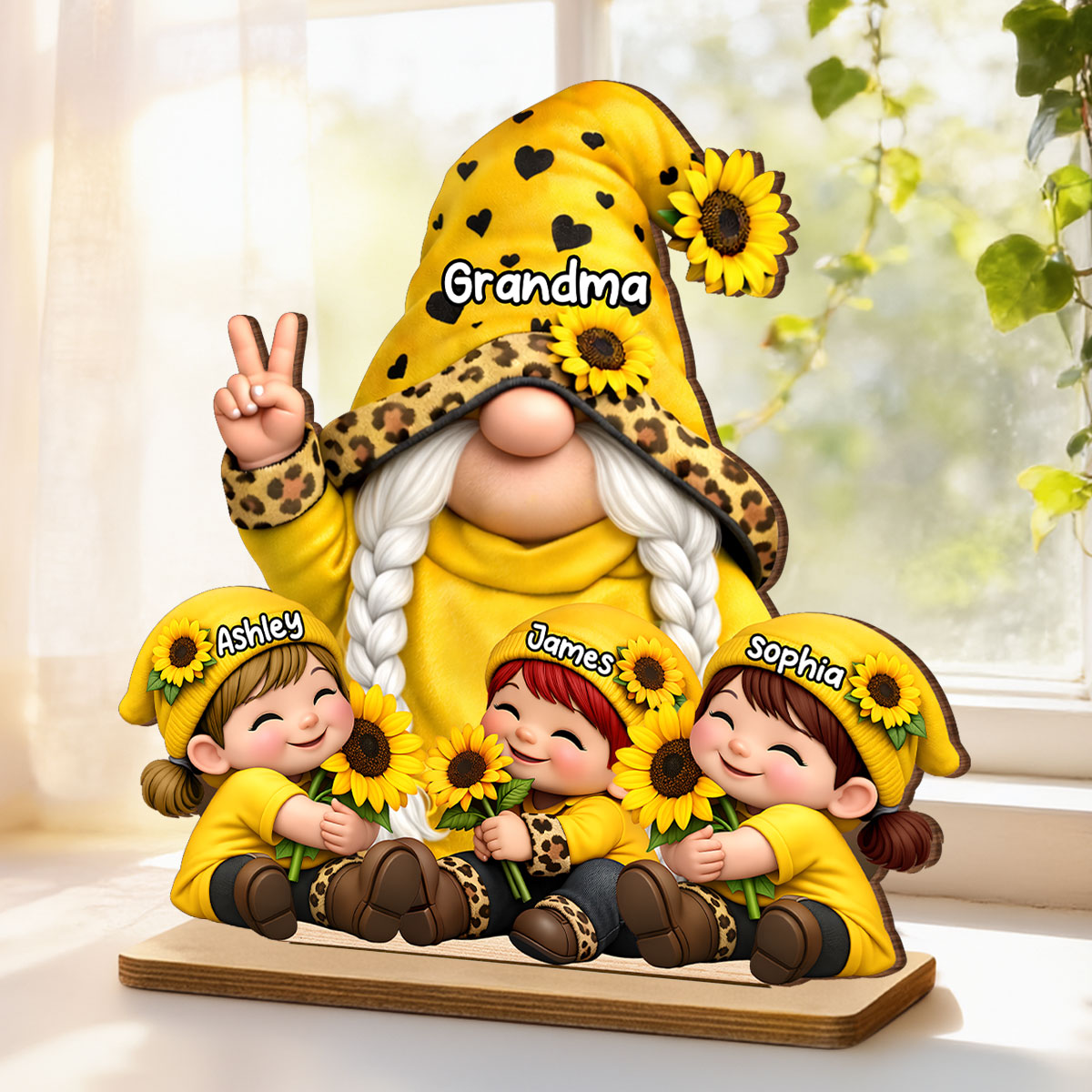 Gnome Grandma & Grandkids Sunflower - Personalized 2-Layered Wooden Plaque - Sentimental Mother's Day Gift for Grandma