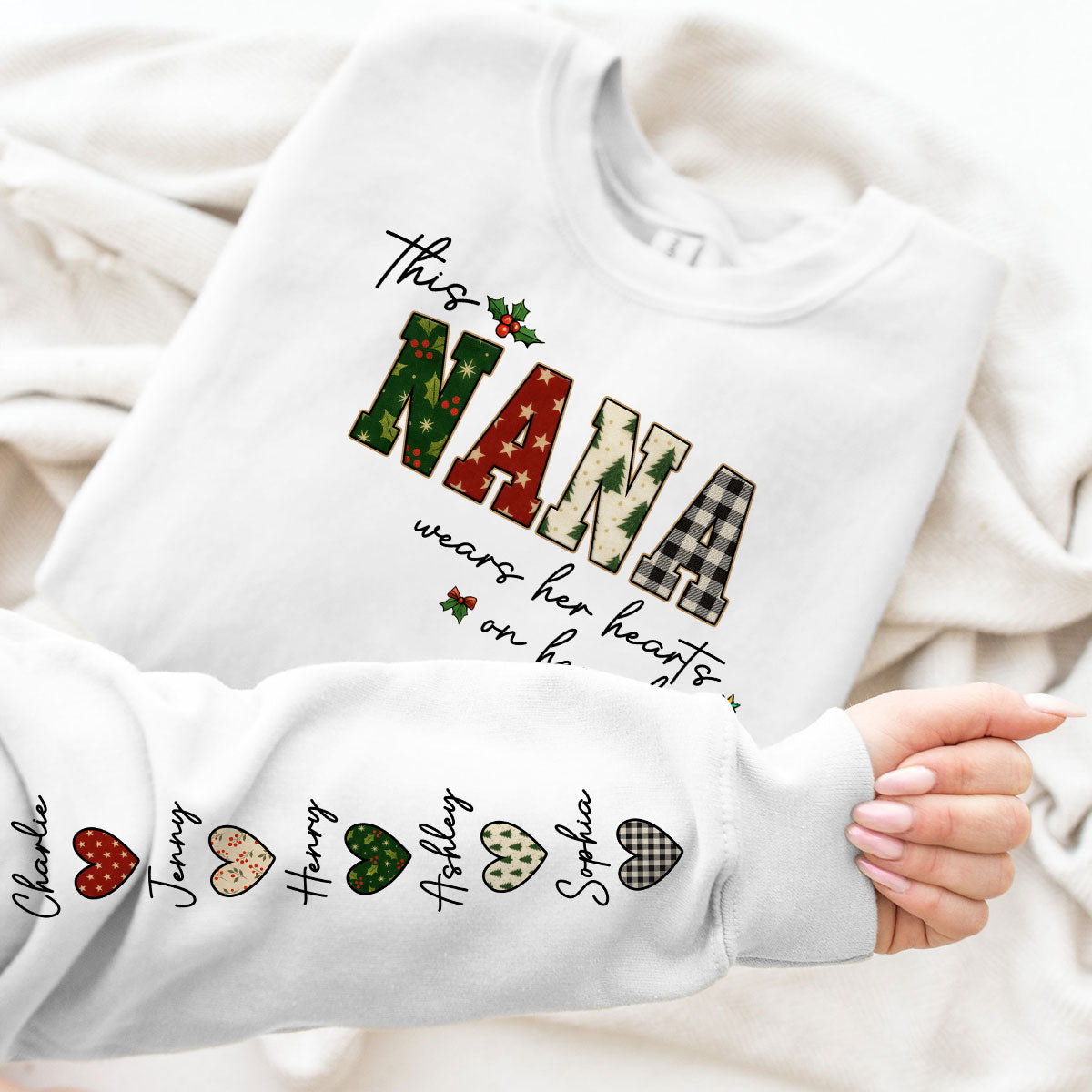 Christmas This Grandma Wears Her Heart Her Sleeve - Personalized Sleeve Printed Sweatshirt