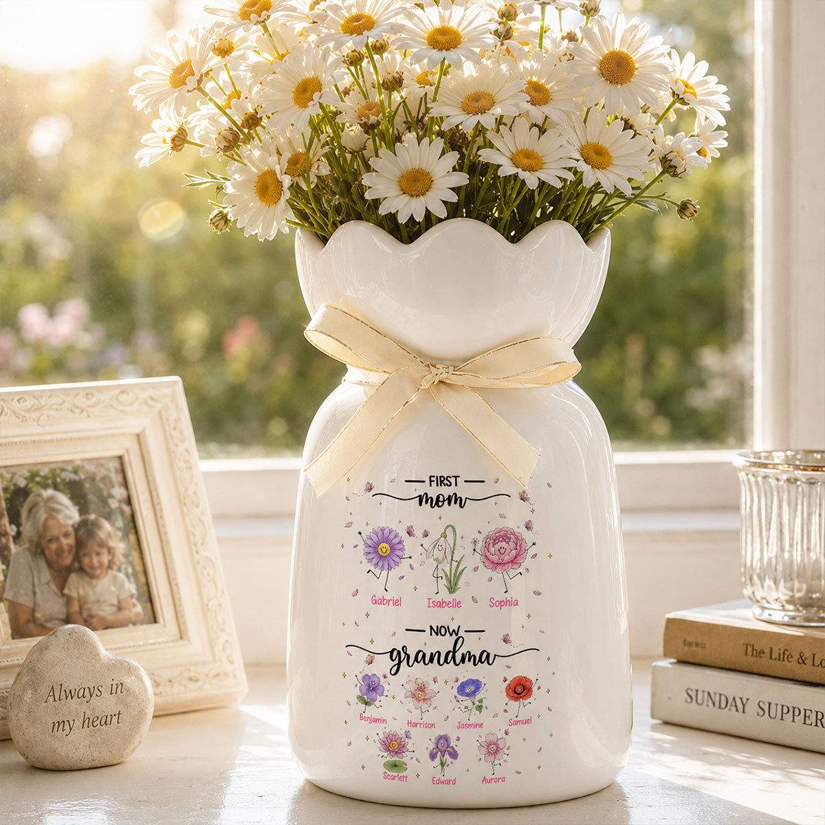 First Mom Now Grandma Doodle Birth Flowers - Personalized Ceramic Flower Vase - Gift For Grandma, Mom