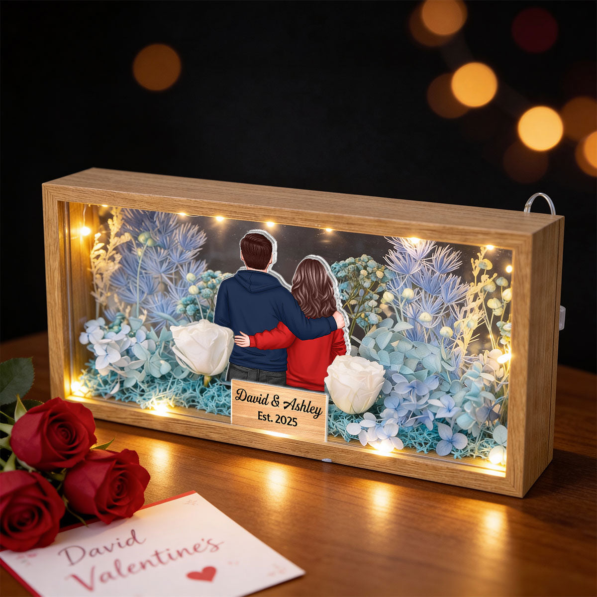 Eternal Love Back View Couple - Personalized DIY Flower Shadow Box LED Night Light - Gift For Couple, For Him, For Her