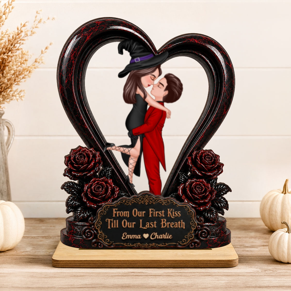 From Our First Kiss Til Our Last Breath Halloween Couple - Personalized 2-Layered Wooden Plaque - Heartfelt Keepsake for Him, for Her