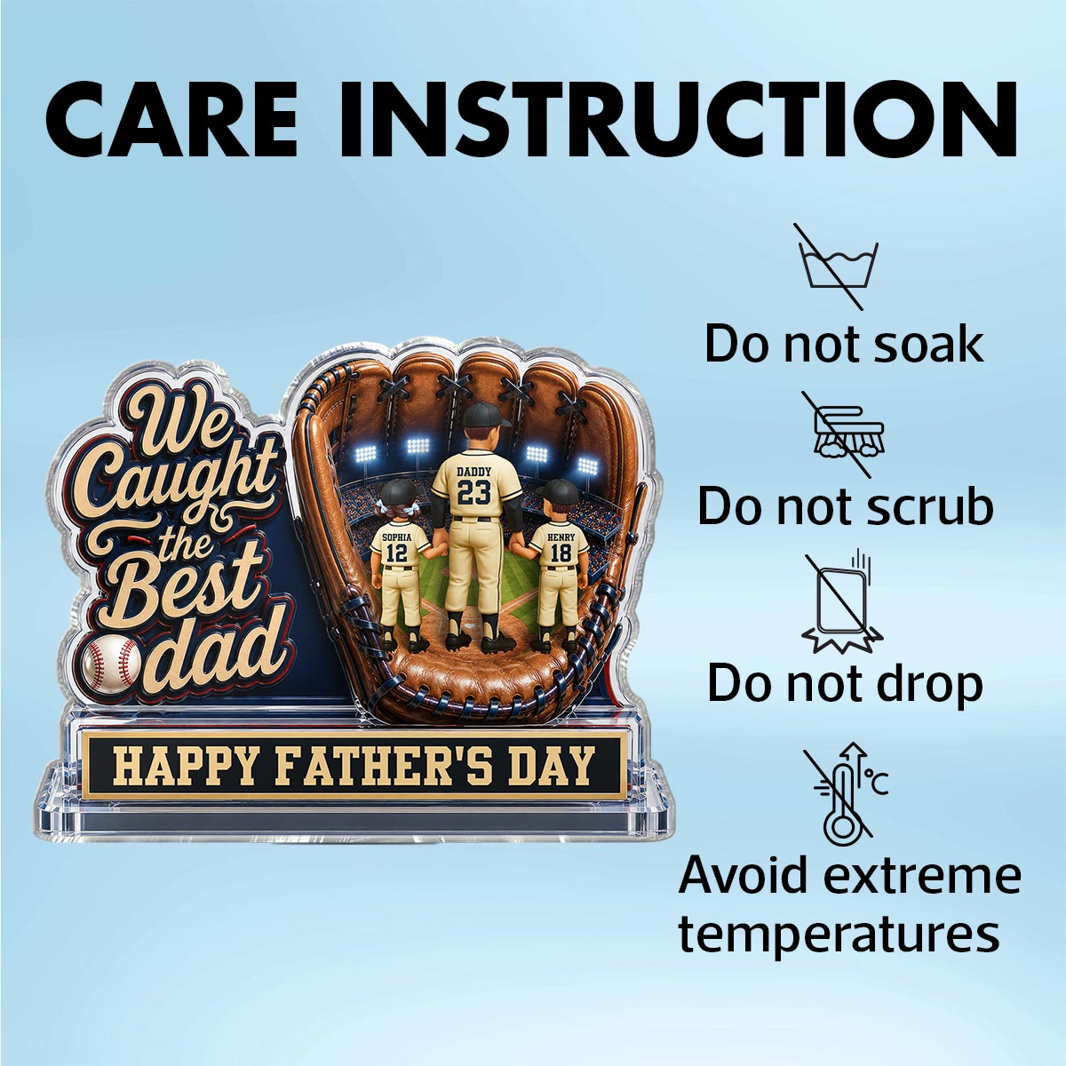 We Caught The Best Dad Dad & Kids In Glove 2D Flat - Personalized Acrylic Block Plaque - Happy  For Baseball Dad