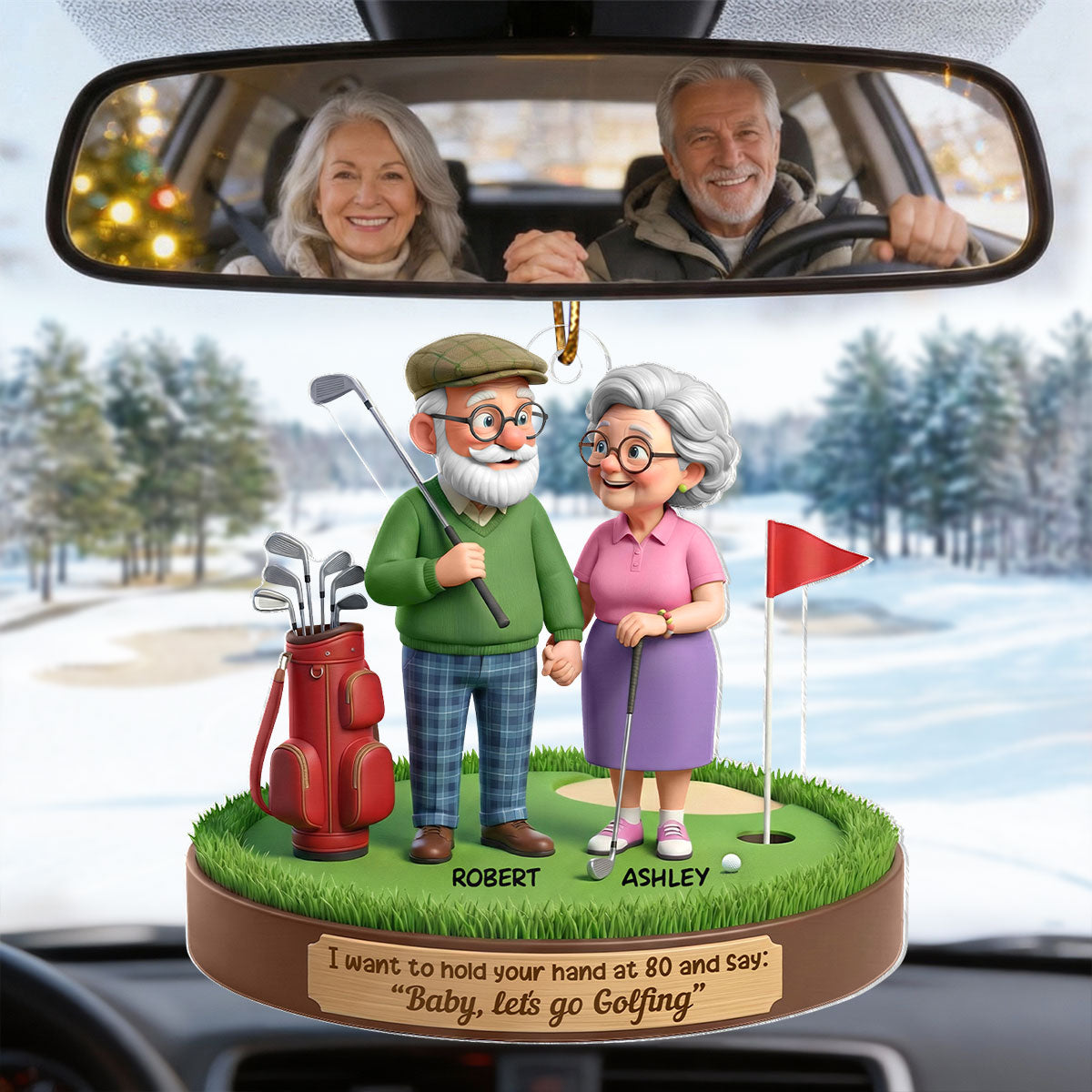 3D Effect Old Couple Baby Let's Go Golfing - Personalized Acrylic Car Hanger - Sentimental Gift for him, for her
