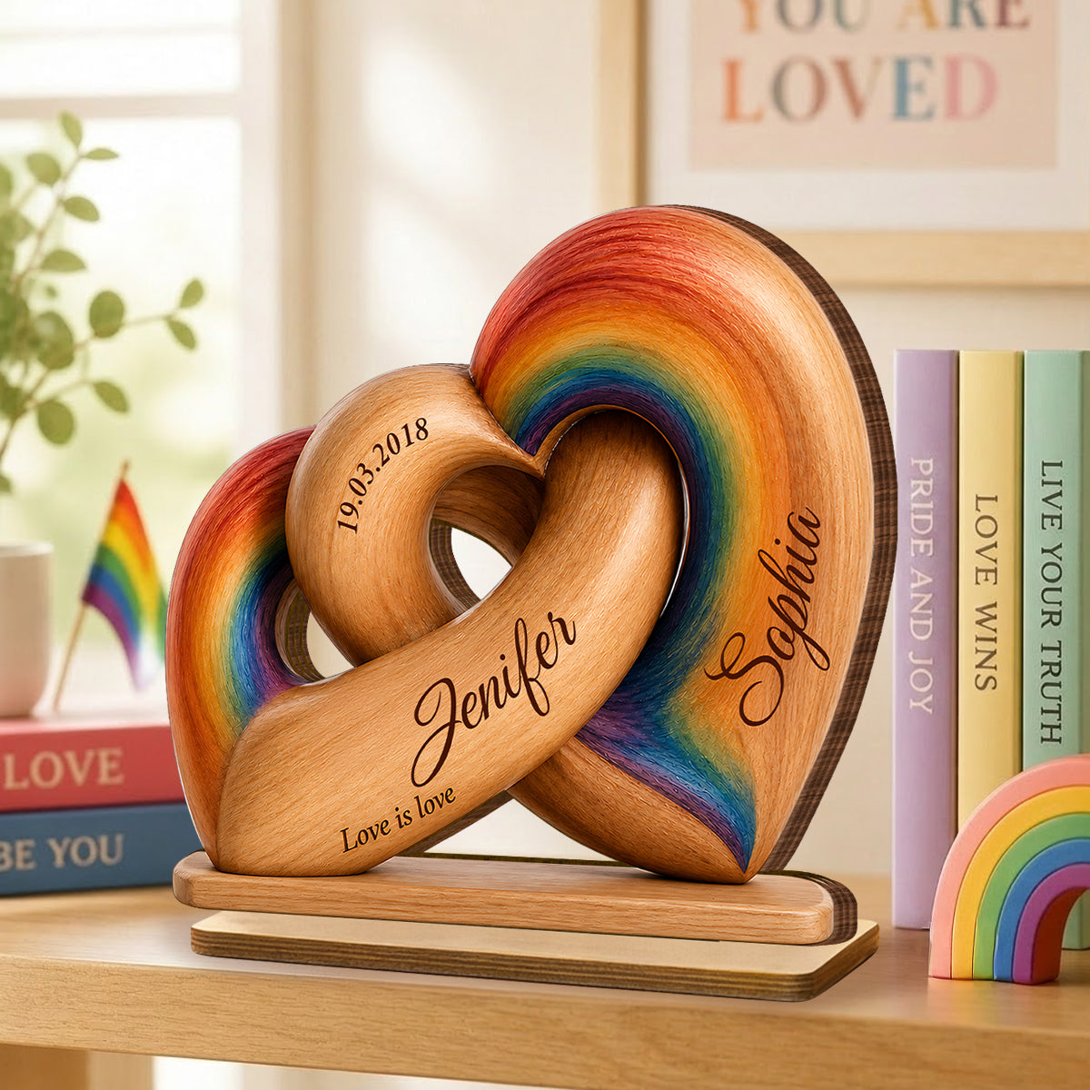 Interlocked Hearts Love is Love LGBT Couple - Personalized 2-Layered Wooden Plaque - Gift for Him, for Her
