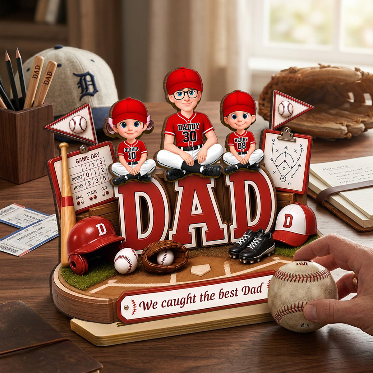 Baseball Dad Kids We Caught The Best Dad - Personalized 2-Layered Wooden Plaque -  Gift For Dad, Husband