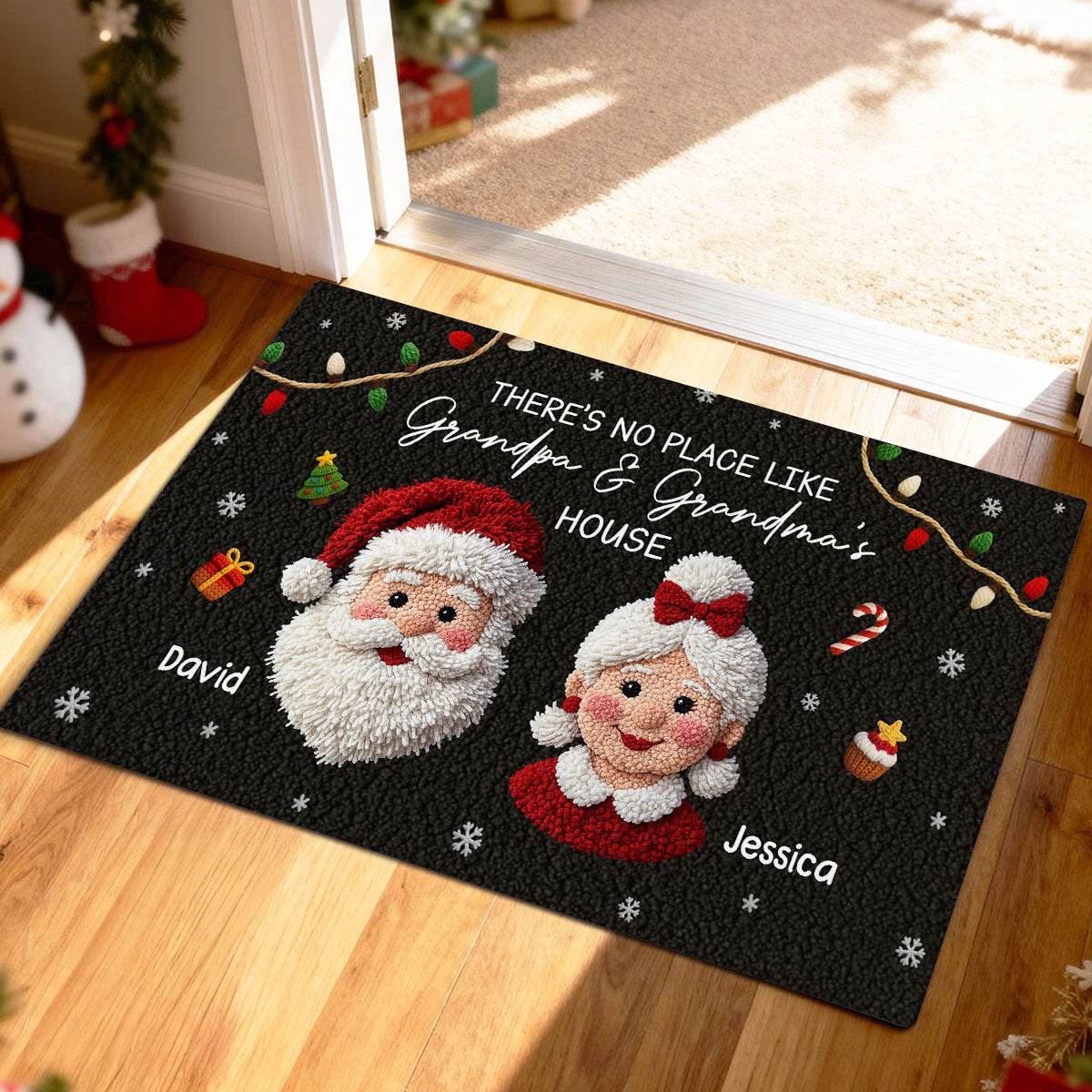 No Place Like Grandma Grandpa Santa Claus - Personalized Doormat - Latch Hook Yarn Faux Christmas Decor, Gift for Grandparents