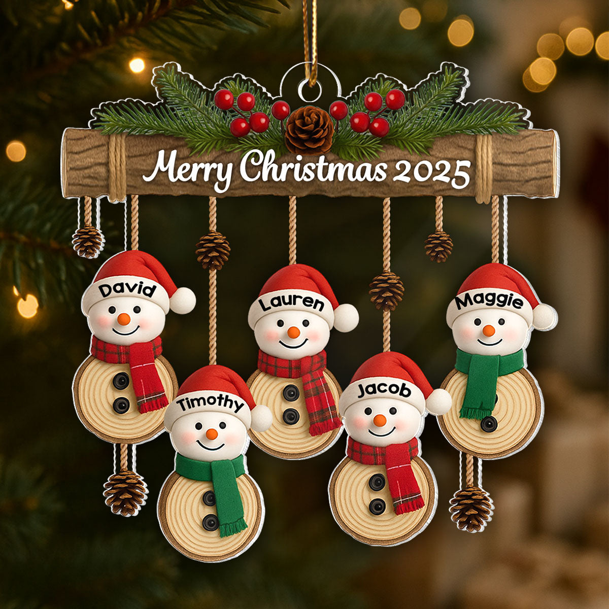 Christmas Hanging Snowman Family - Personalized Acrylic Ornament - Christmas Gift for Family