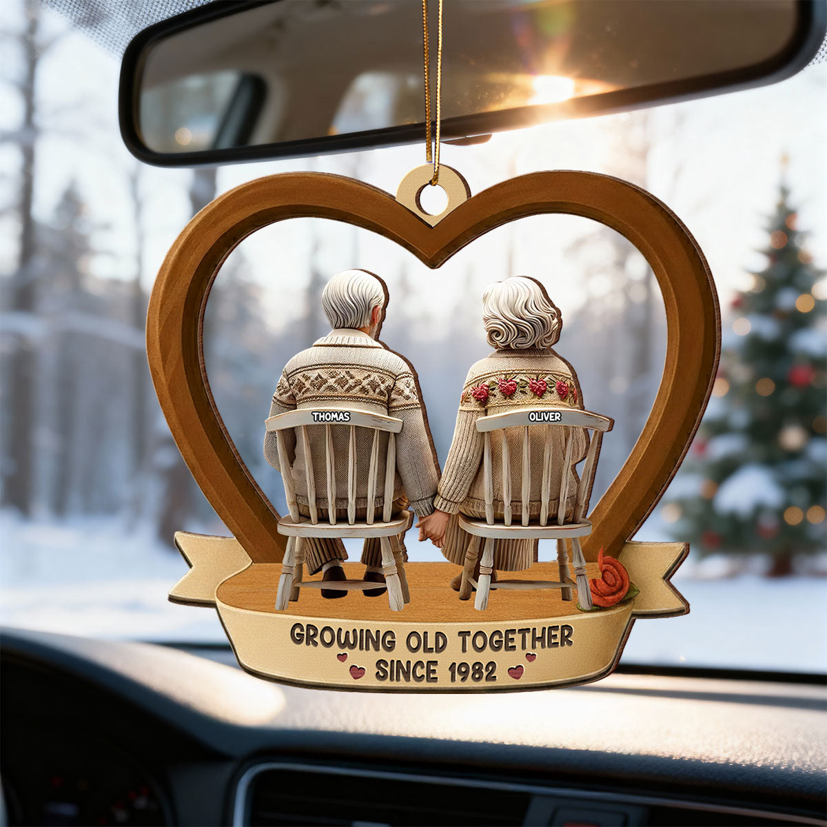 3D Back View Old Couple Growing Old Together - Personalized Wooden Ornament