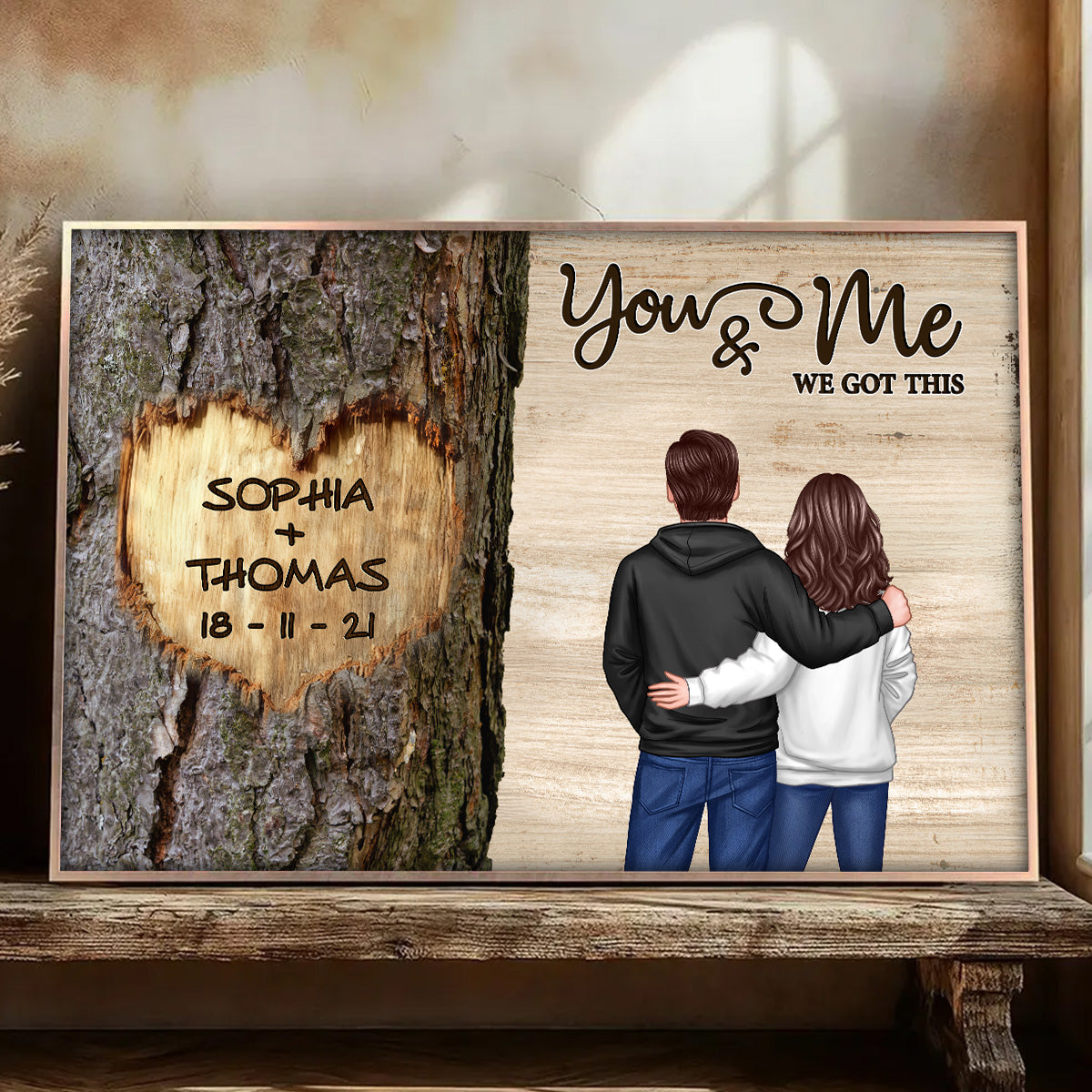 Couple Standing Side By Side Back View Heart Carved Tree - Personalized Poster - Anniversary Gift, Valentine's Gift For Him, For Her