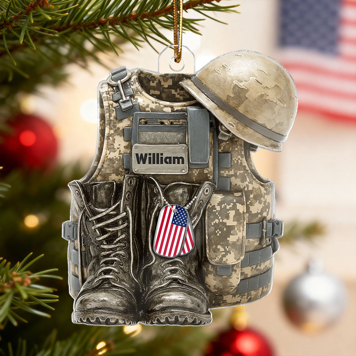 3D Effect Military Combat Vest, Boots And Helmet - Personalized Acrylic Ornament