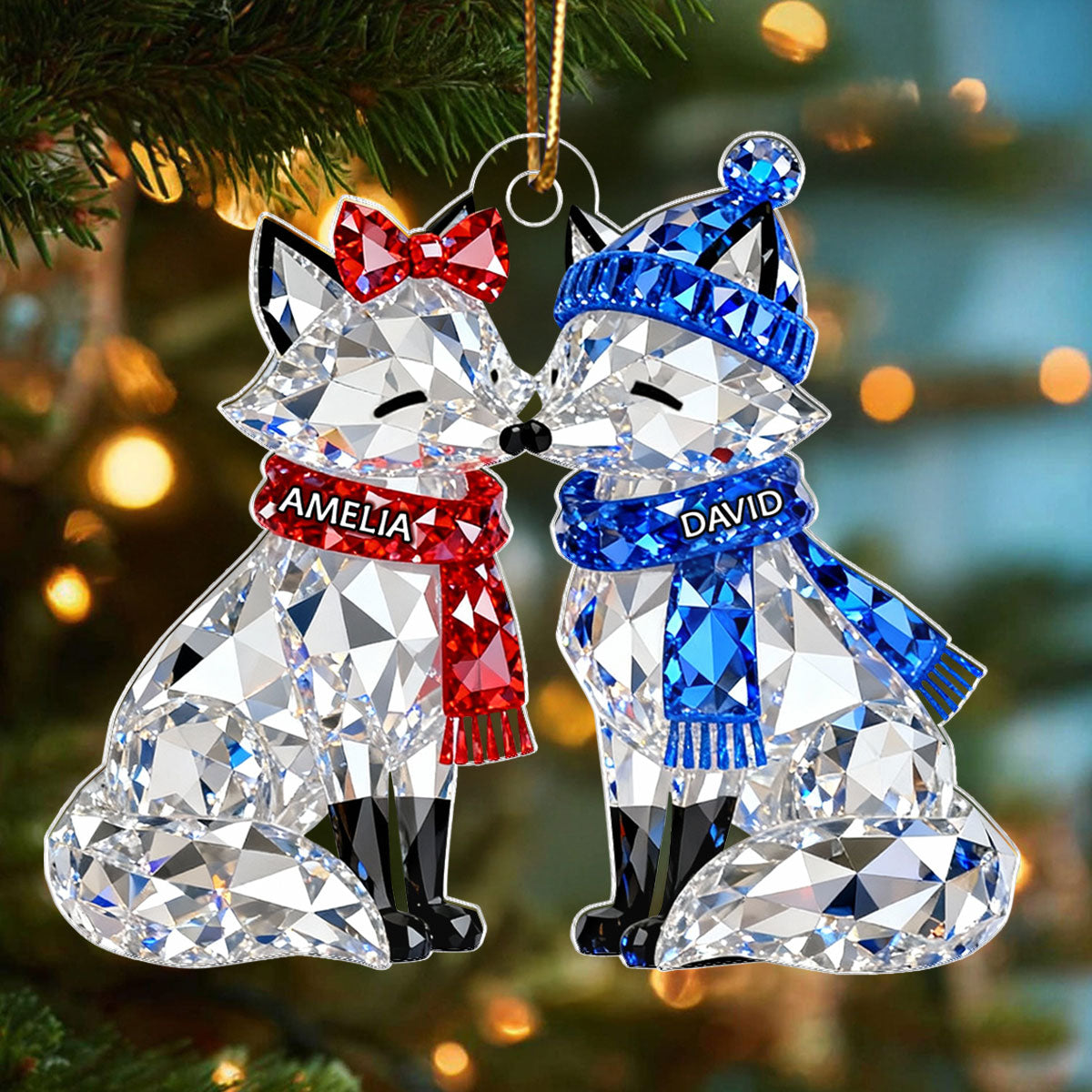 3D Crystal Effect Christmas Foxes Couple - Personalized Acrylic Ornament - Heartwarming Christmas Gift for Couple