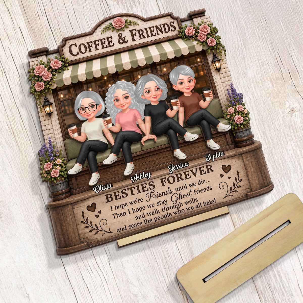 Besties Forever Coffeeshop Best Memories Together - Personalized 2-Layered Wooden Plaque - Birthday Gift, Gift For Best Friends