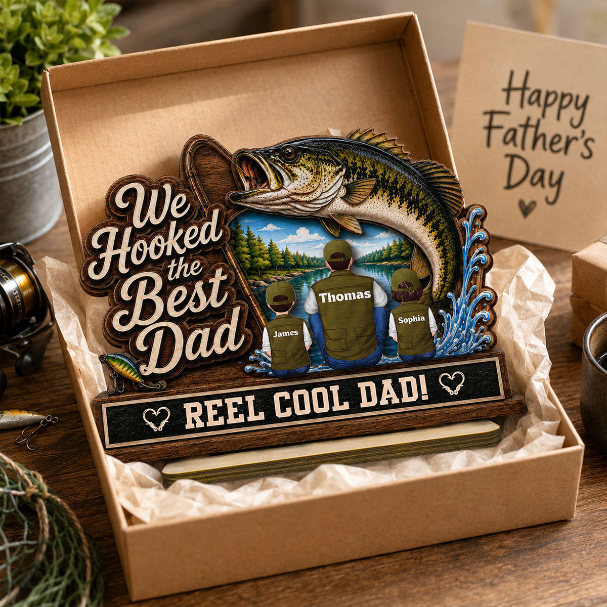 We Hooked The Best Dad Grandpa Back View 2D Flat - Personalized 2-Layered Wooden Plaque -  Gift For Fishing Lovers