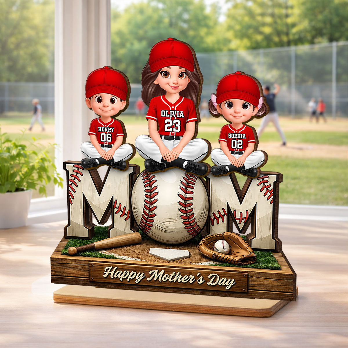 Baseball Mom And Kids Happy Mother's Day - Personalized 2-Layered Wooden Plaque - Mother's Day Gift For Baseball Mom