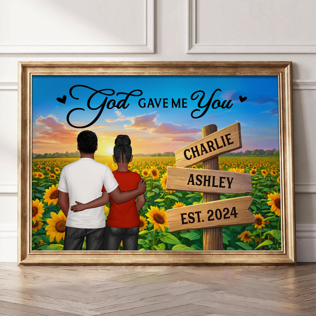 Everlasting Love Back View Couple Sunflower Field Sign Posts - Personalized Poster - Valentine's Day Gift For Couple