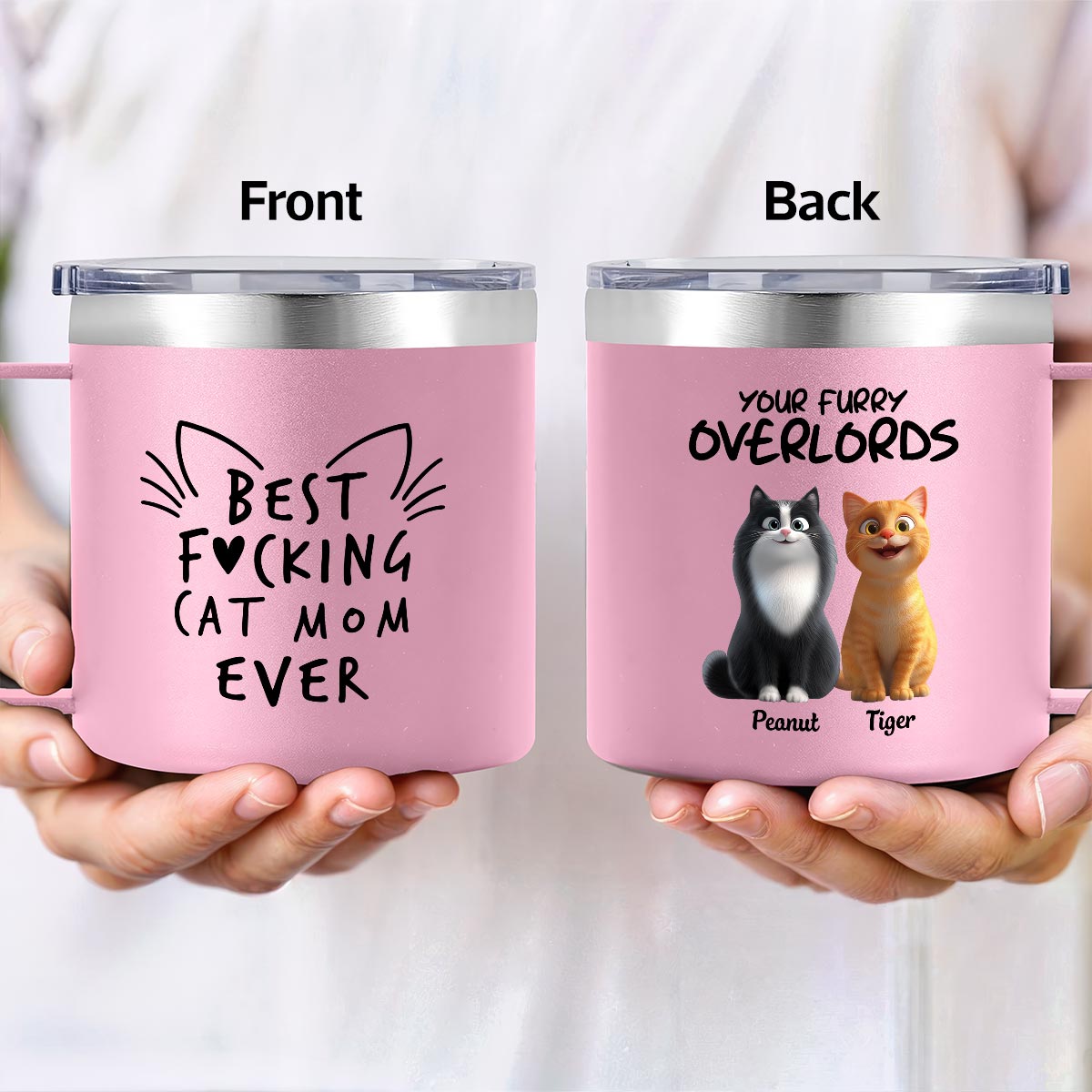 Best Fcking Cat Mom Ever Cartoon Cats - Personalized Stainless Steel Tumbler with Handle - Mother's Day Gift For Cat Lovers
