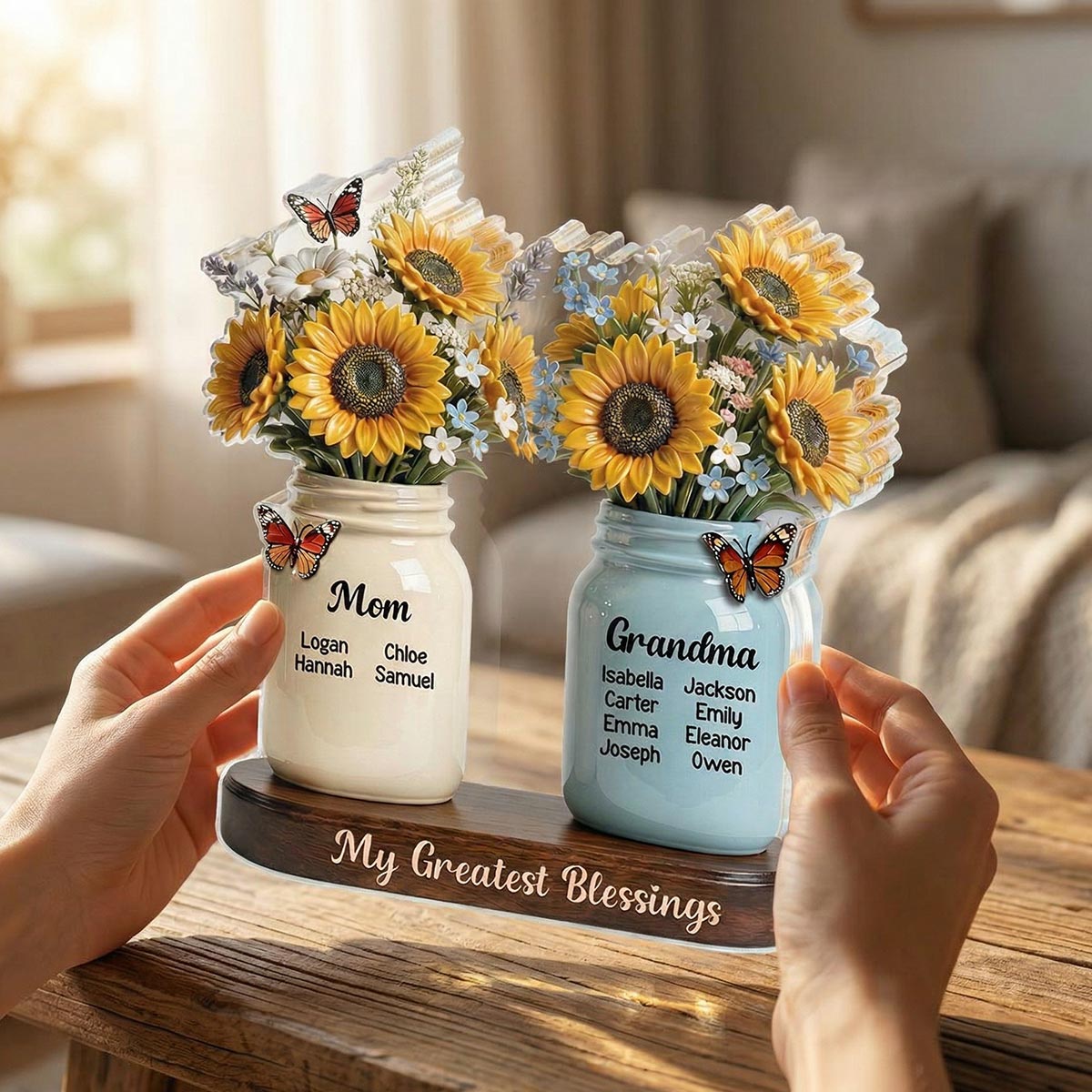Mom Grandma Sunflowers Jars Custom Names 2D Flat - Personalized Acrylic Block Plaque - Mother's Day Gift For Grandma