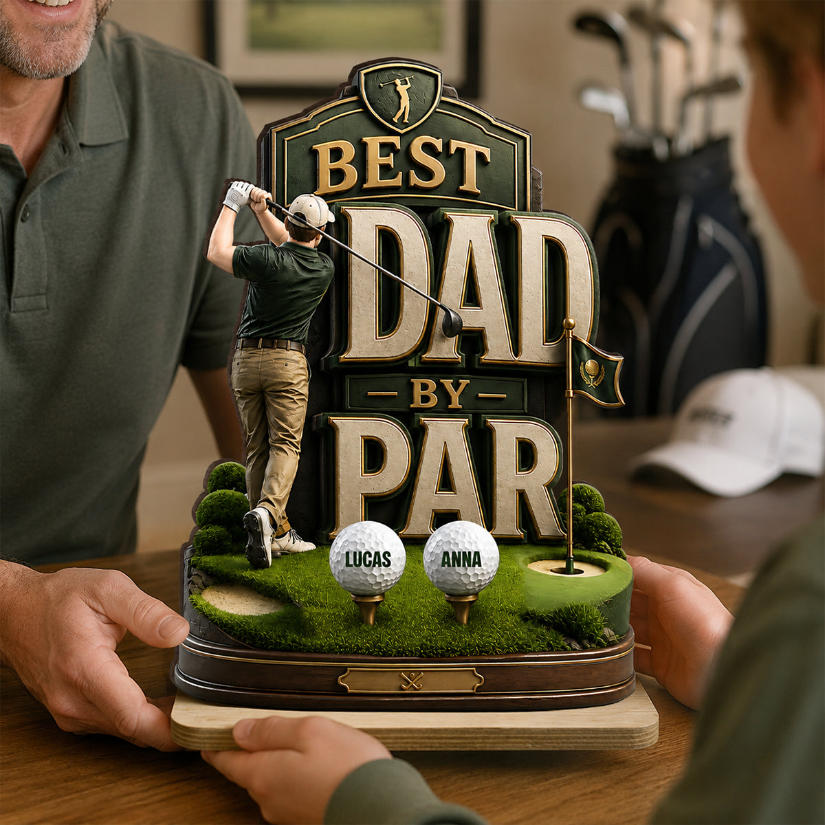 Golf Dad & Kids Best Dad By Par - Personalized 2-Layered Wooden Plaque -  Gift For Dad, Husband