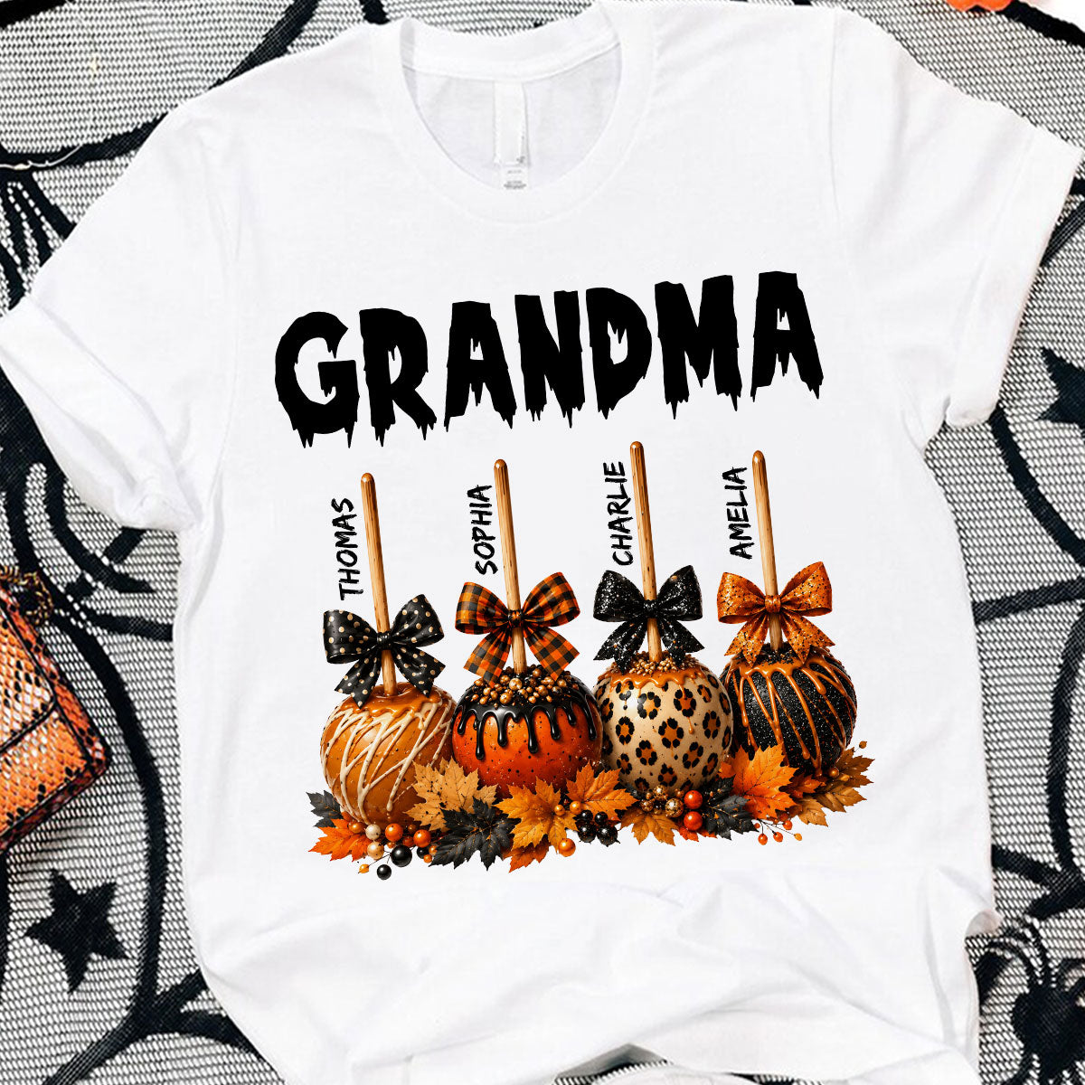 Trending Fall Season Halloween Grandma Fall Caramel Apples Custom Kids Names - Personalized Shirt - Fall Halloween Shirt For Grandma