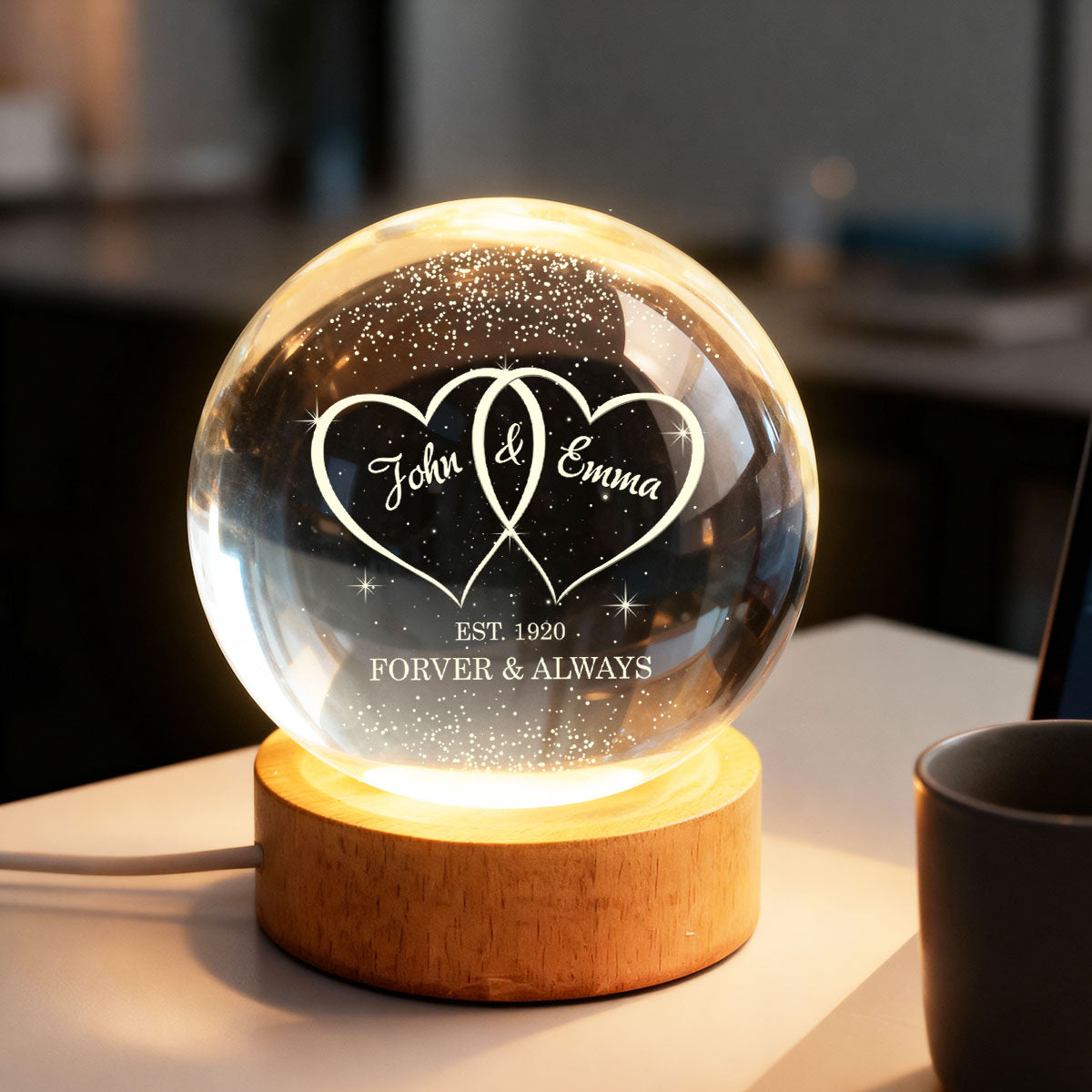 Couple Hearts Interlocked - Personalized Crystal Ball LED Night Light - Heartfelt Valentine's Day Gift for Her, for Him
