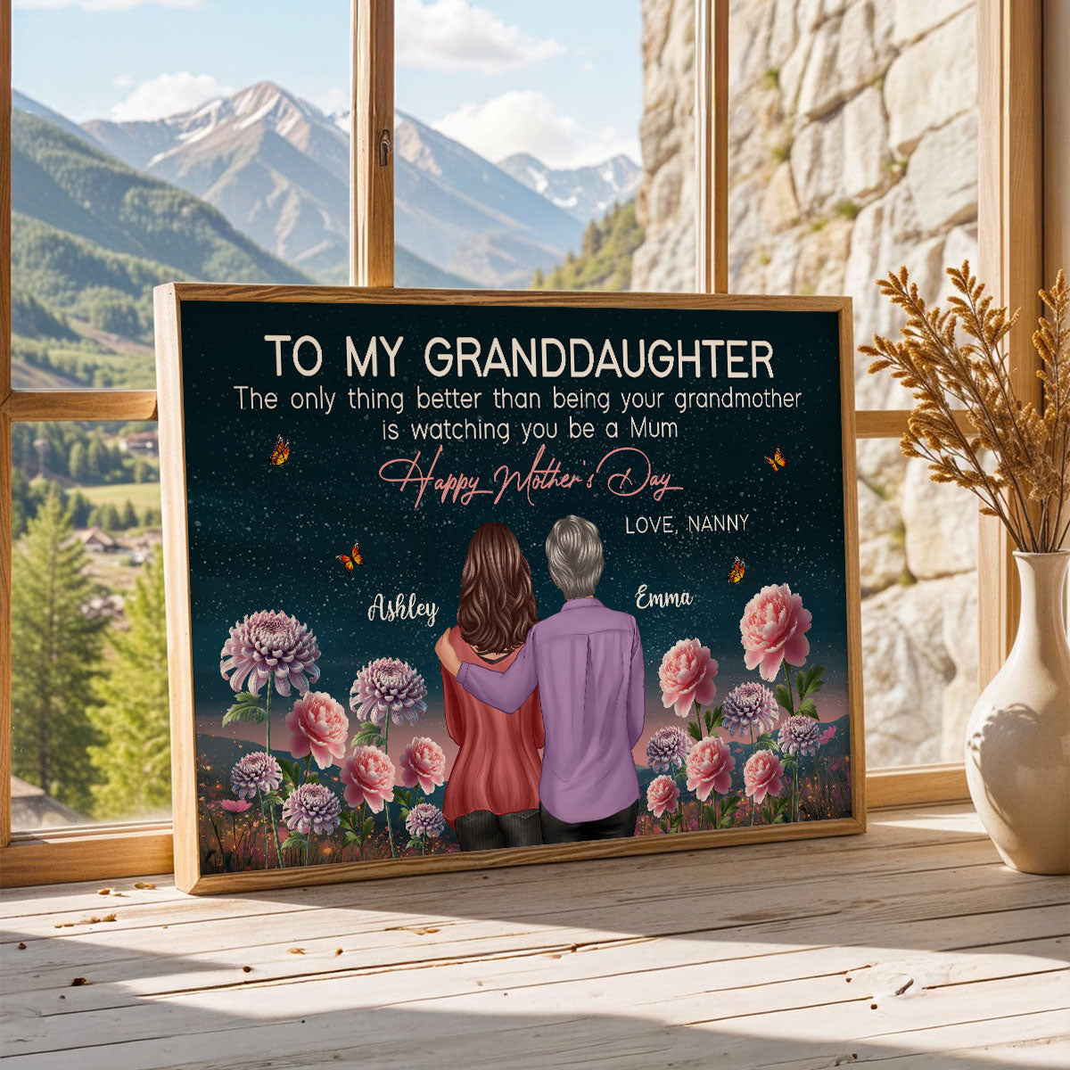 From Nanny To My Granddaughter Birth Month Flower Beautiful Hill At Night - Personalised Poster - Mother's Day Gift for Granddaughter