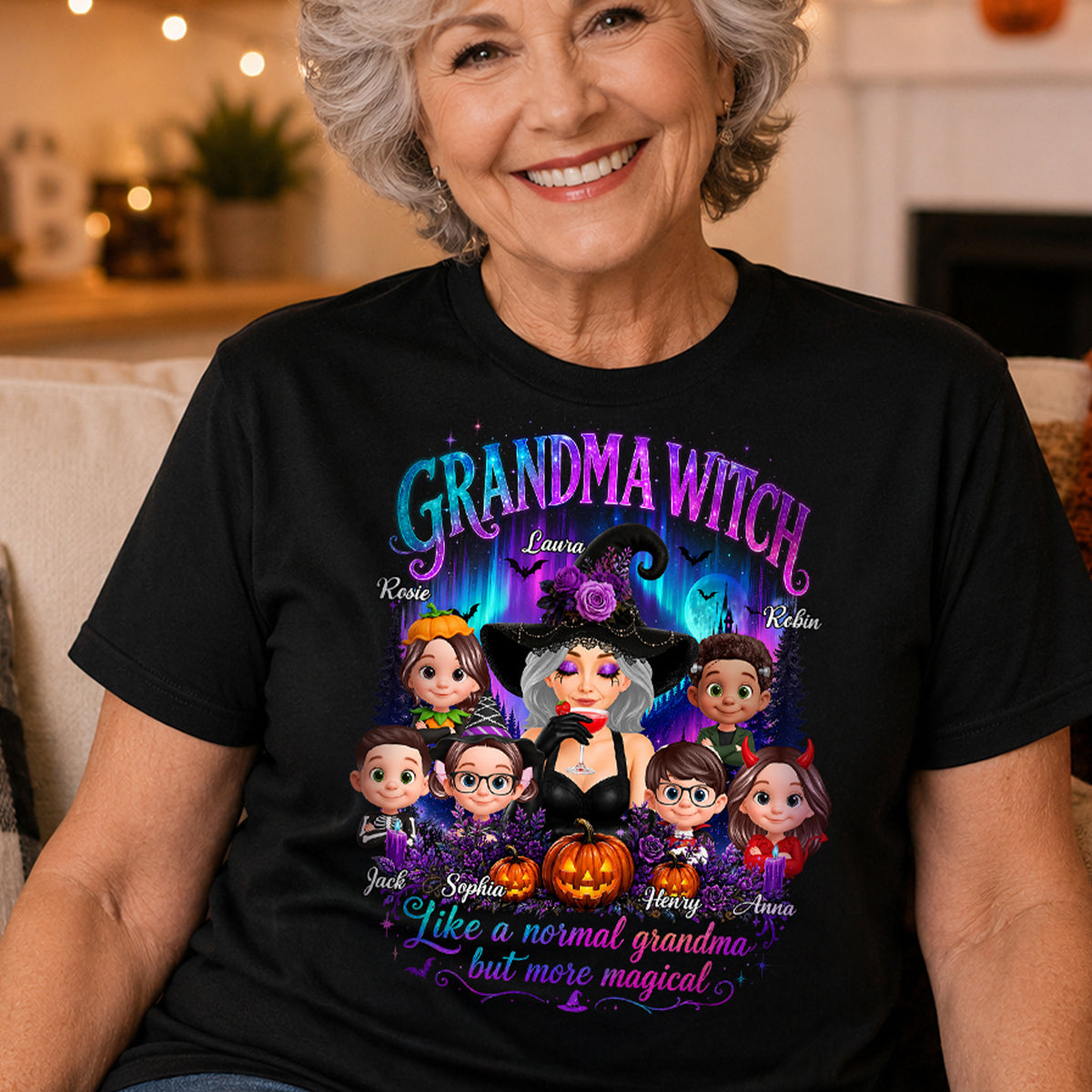 Grandma Witch More Magical Neon Light - Personalized Shirt - Trendy Halloween Tee for Grandma