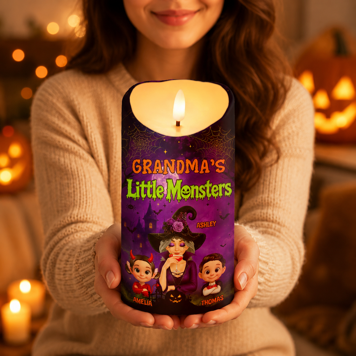 Grandma's Little Monsters Pretty Witch & Kids Purple Theme - Personalized LED Candle - Perfect Halloween Decor for Grandma