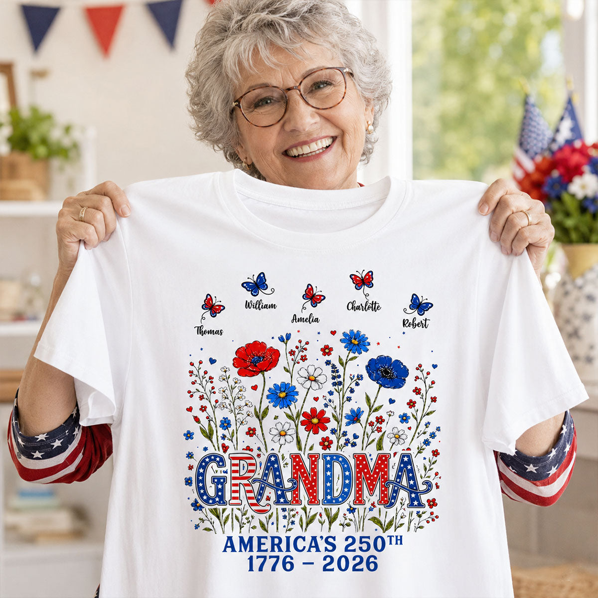 Proud Mom Grandma Nation Flag Flowers American 250th Anniversary - Personalized Shirt - Gift For Mom, Grandma