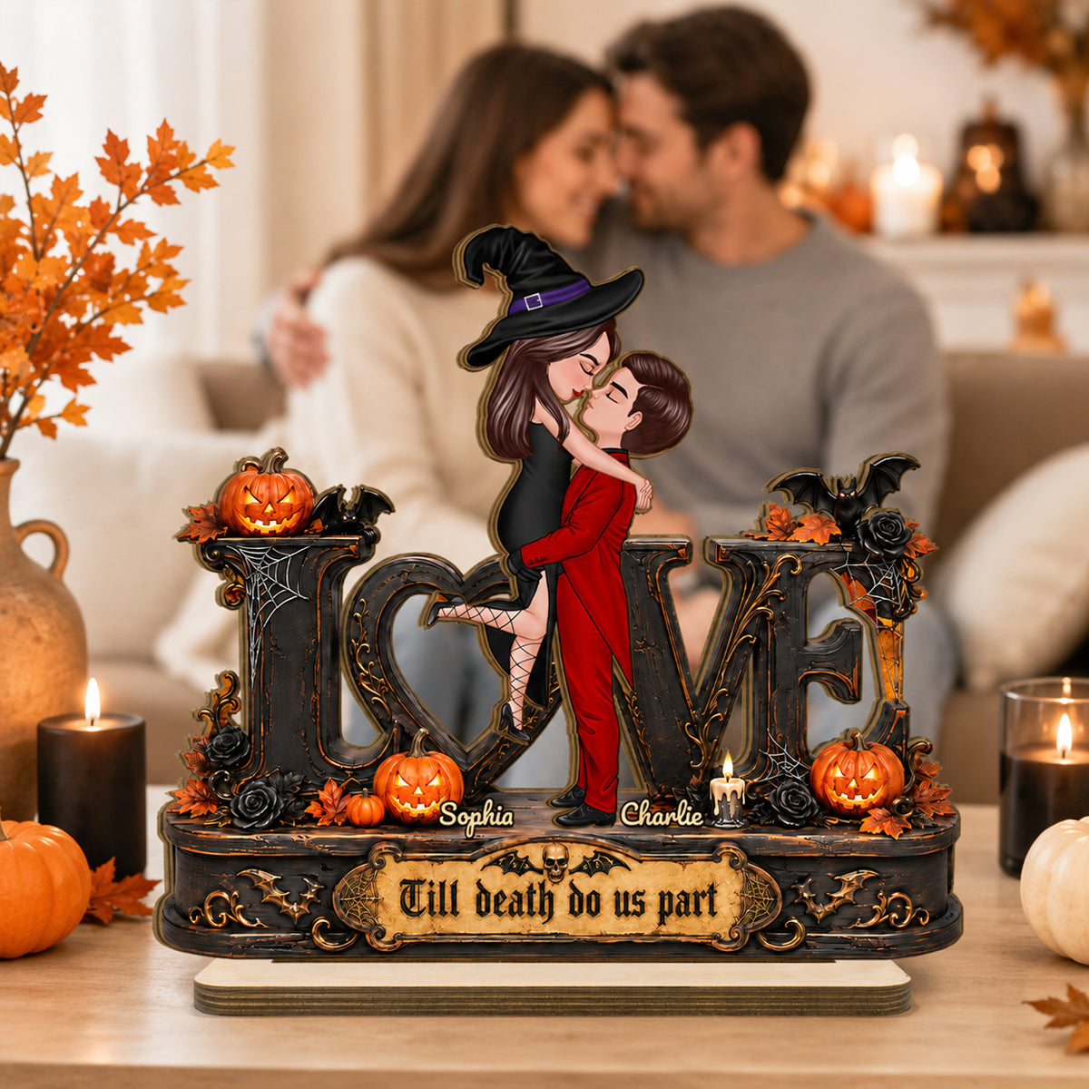 Love Halloween Couple Til Death Do Us Apart - Personalized 2-Layered Wooden Plaque - Halloween Decor Gift, Gift For Couple
