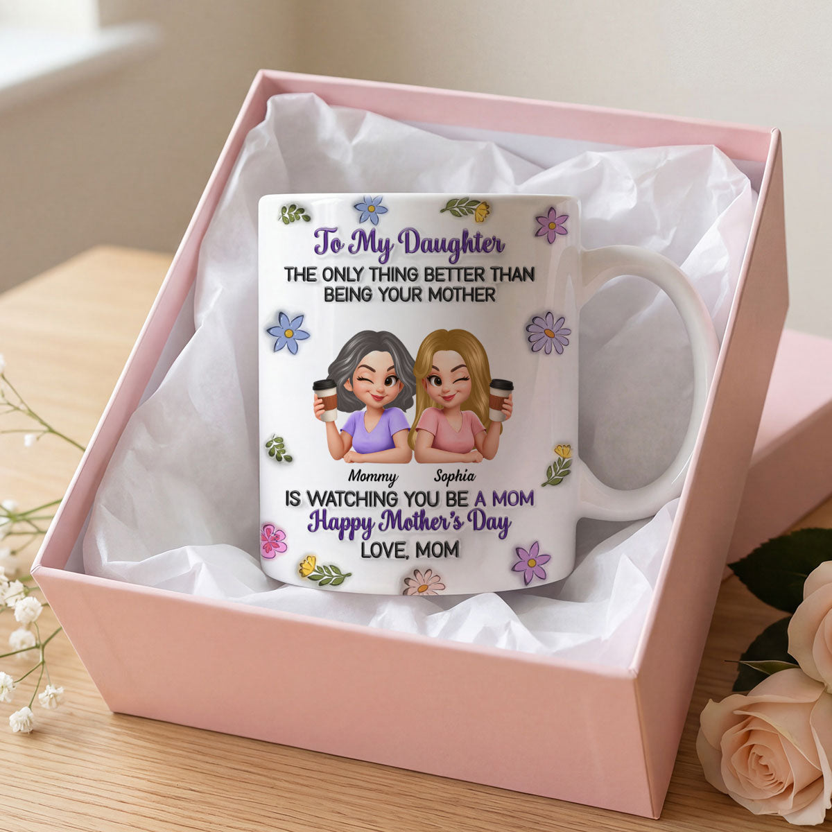 To My Daughter Flat Floral - Personalized Mug - Heartfelt Mother's Day Gift For Daughter