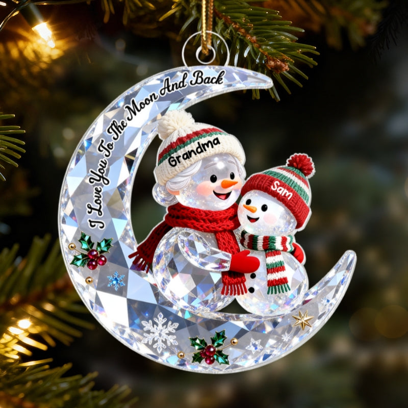 3D Shining Effect Grandma Grandkid Snowman On Moon - Personalized Acrylic Ornament - Heartwarming Gift For Granddaughter, Grandson