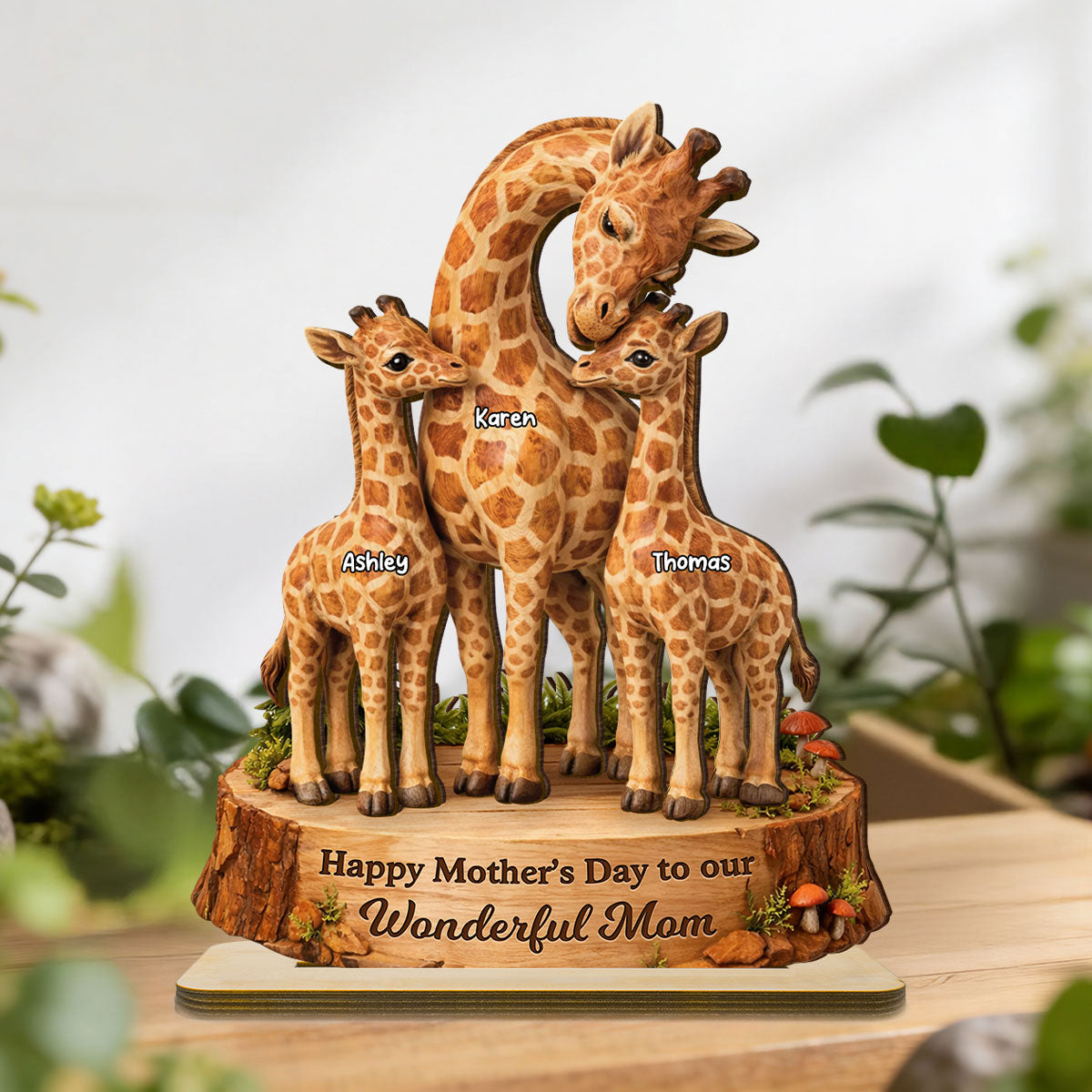 Happy Mother's Day Giraffe Mom - Personalized 2-Layered Wooden Plaque - Heartfelt Mother's Day Gift for Mom, Wife