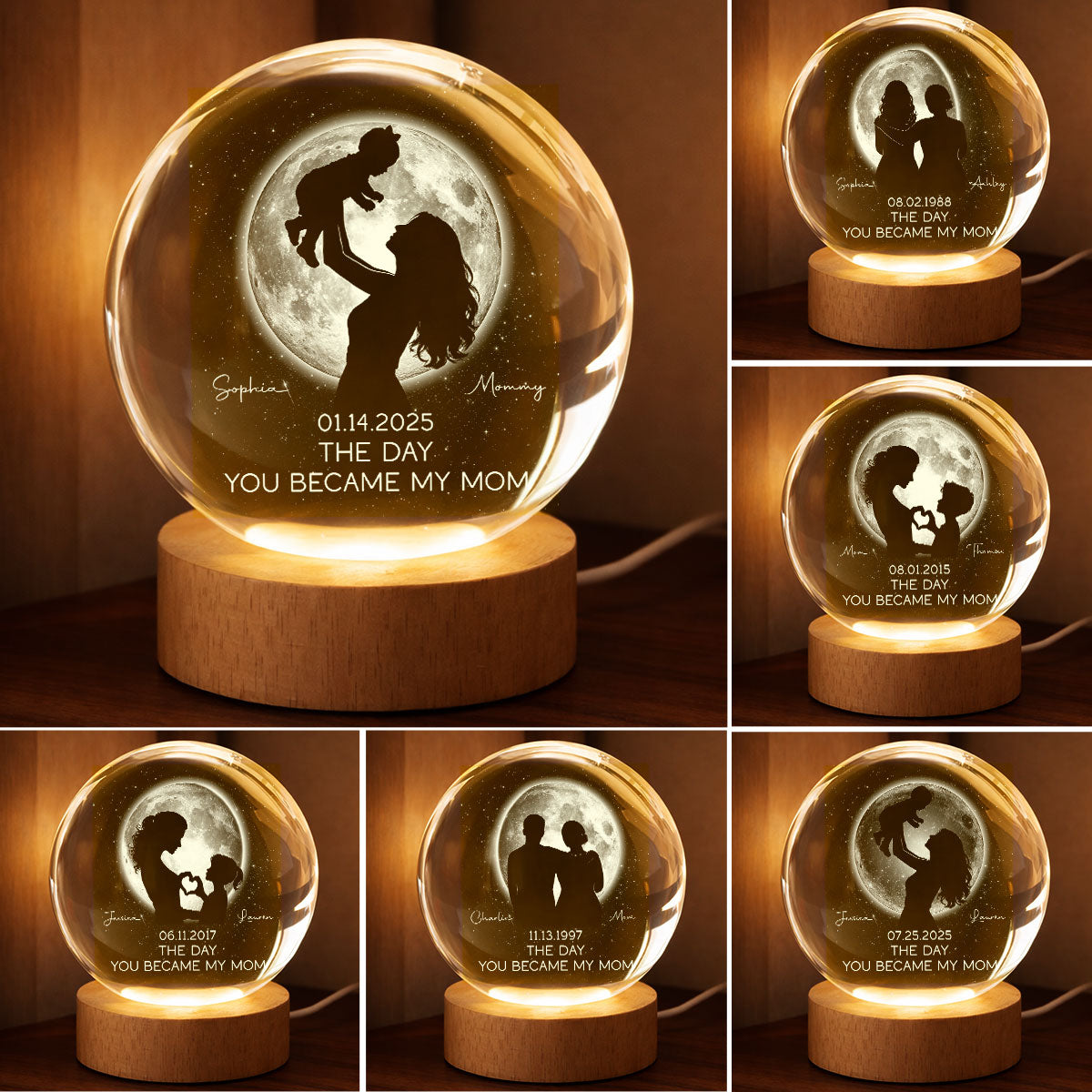 The Day You Became My Mom, Custom Moon Phase by Date - Personalized Crystal Ball LED Night Light - Heartfelt Mother's Day Gift for Mom, Wife