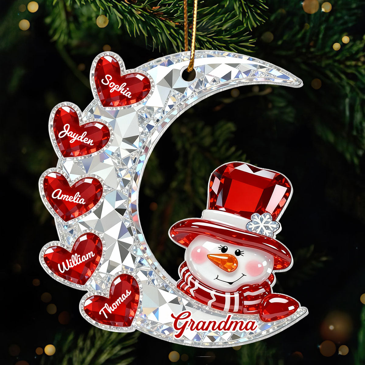 3D Effect Flat Snowman Grandma On Moon Grandkids Hearts Names - Personalized Acrylic Ornament - Gift For Grandma, Grandkids