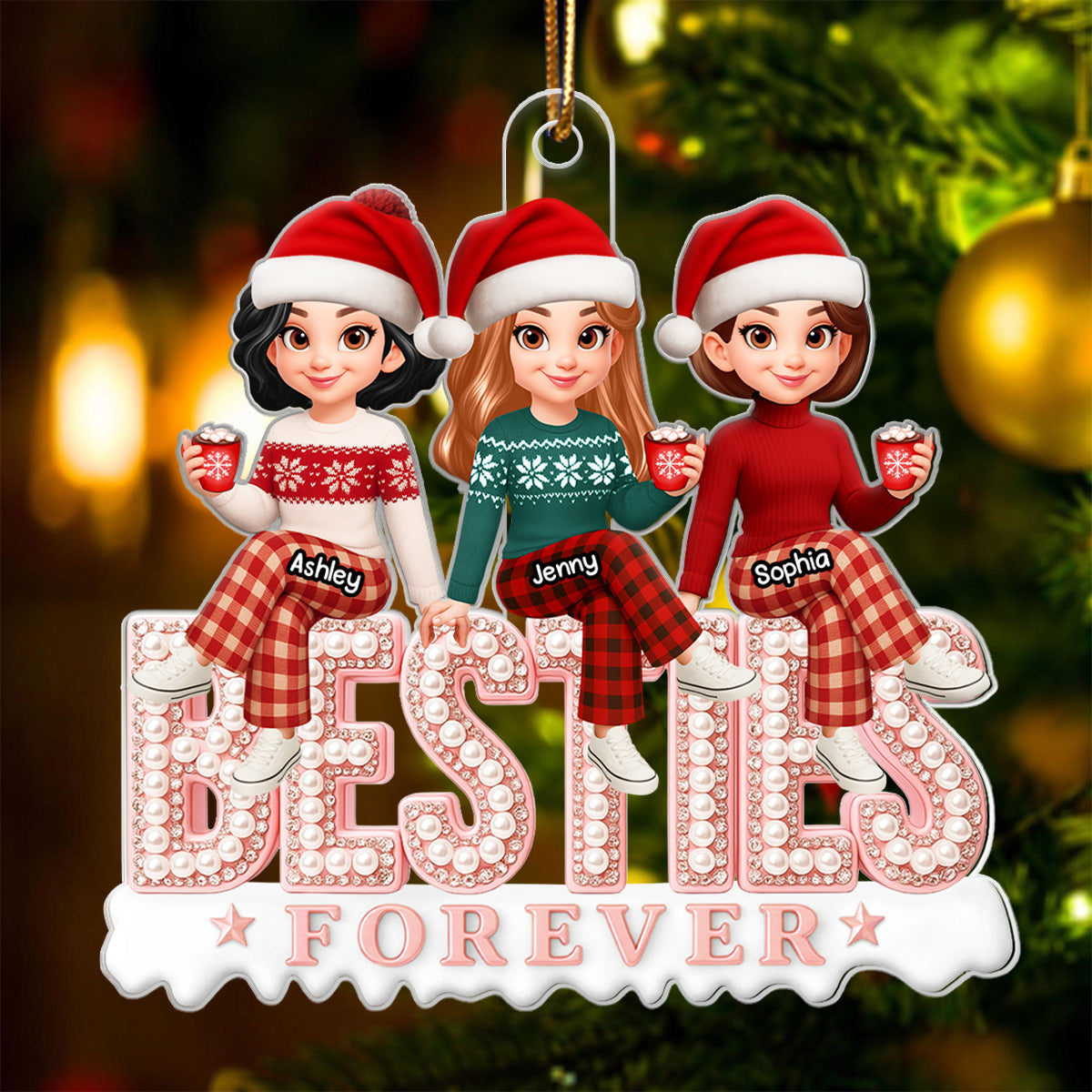 3D Pearl Rhinestone Besties - Personalized Acrylic Ornament - Christmas Gift for Best Friends