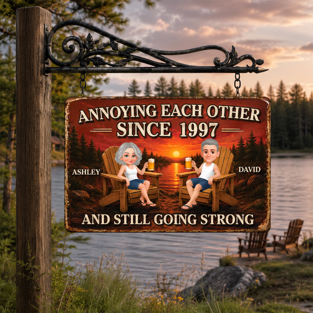 Couple Annoying Each Other Sunset Lake View - Personalized Metal Sign - Anniversary Gift For Couple