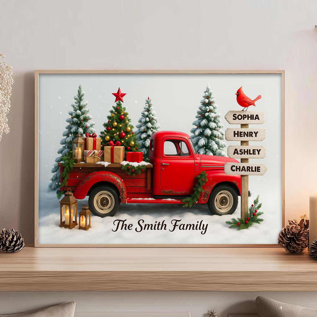 Red Christmas Truck Custom Family Name Sign Post - Personalized Poster - Christmas Gift for Family