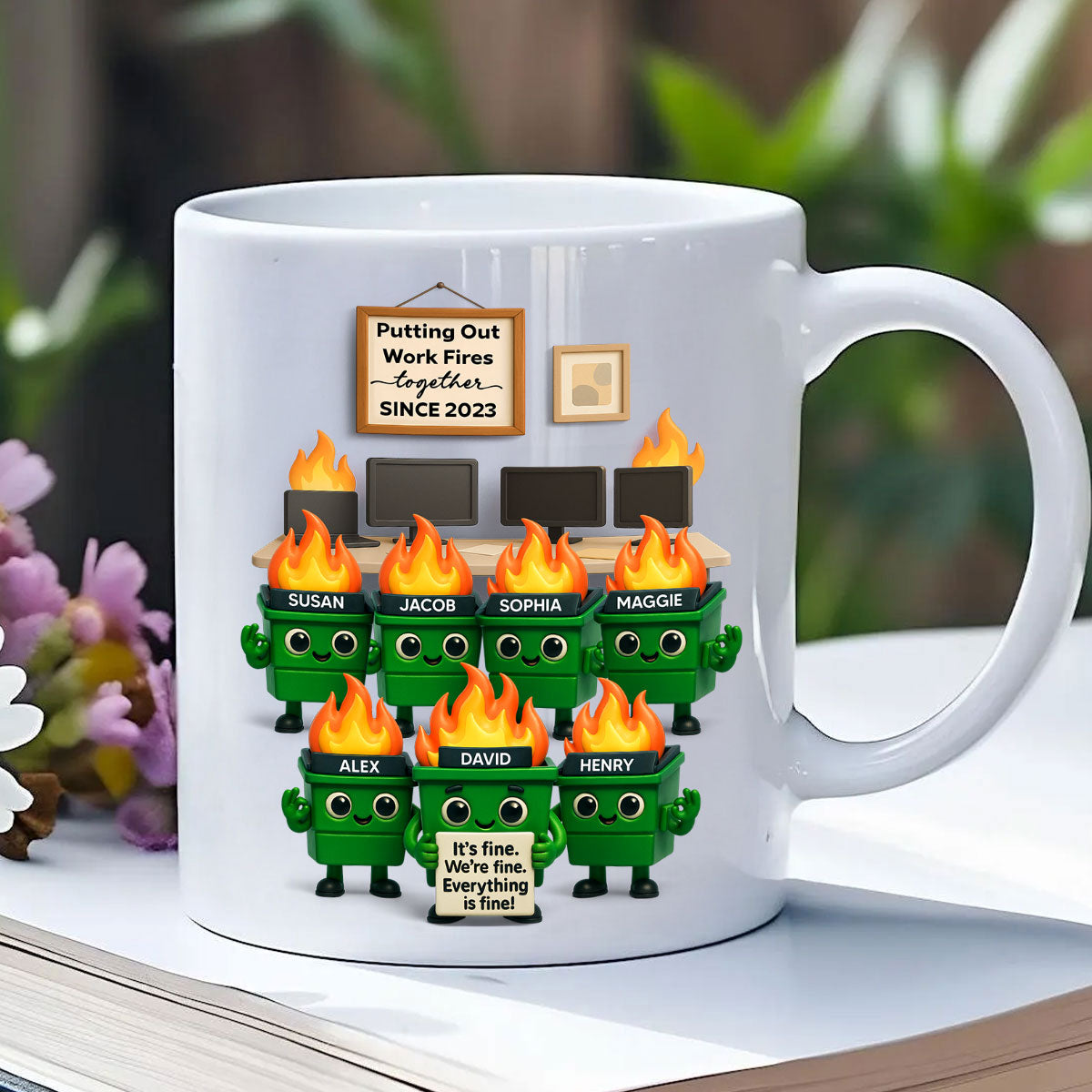 Funny Dumpster Fire Office Chaos - Personalized Mug - Funny Christmas Gift, White Elephant Gift for Coworkers