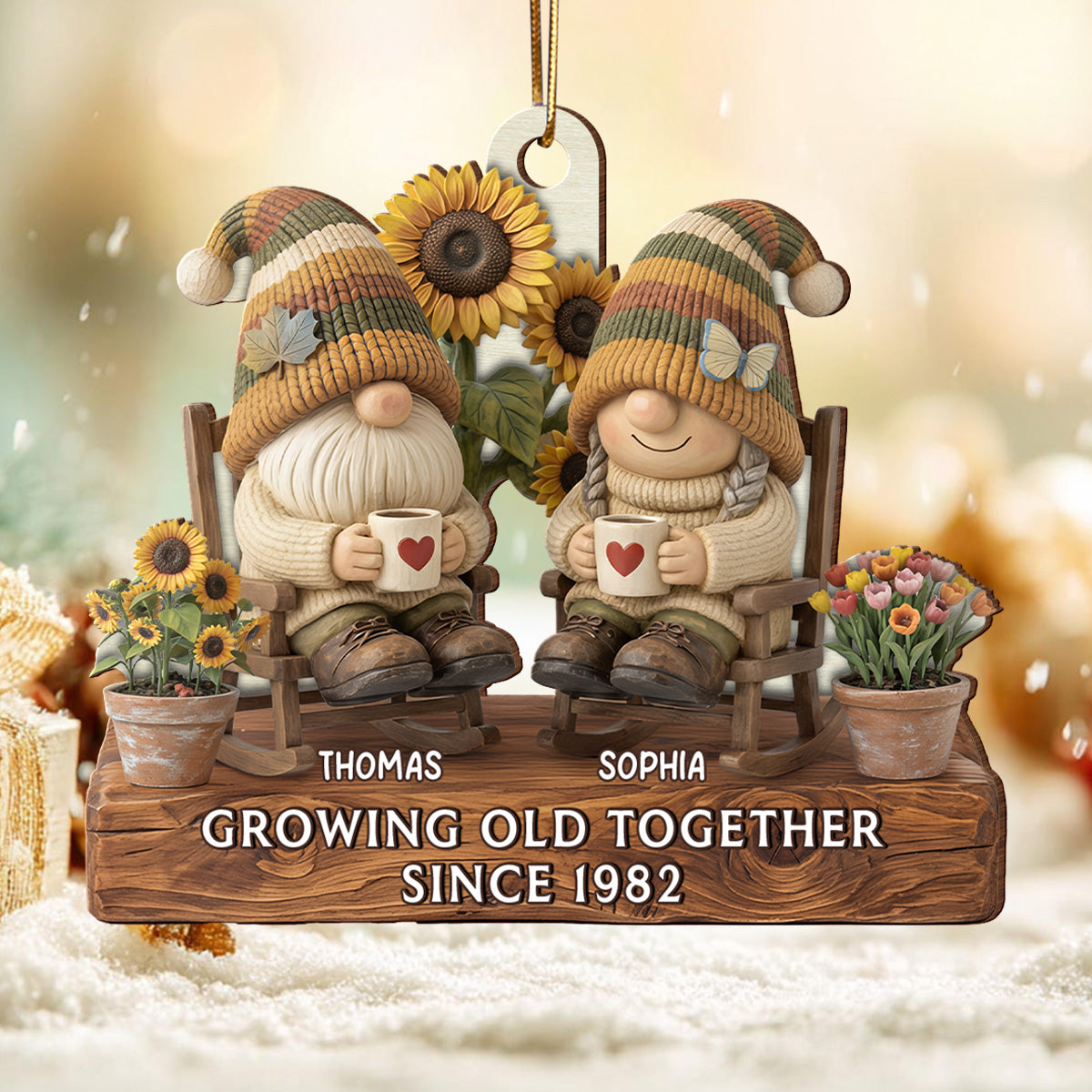 3D Effect Vintage Gnome Couple Grow Old Together - Personalized Wooden Ornament