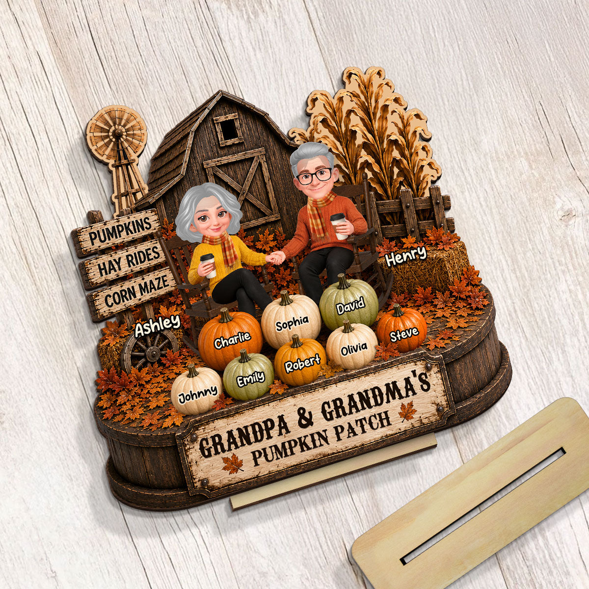 Fall Season Rustic Barnhouse Grandma Grandpa Little Pumpkins - Personalized 2-Layered Wooden Plaque - Fall Decor For Grandparents