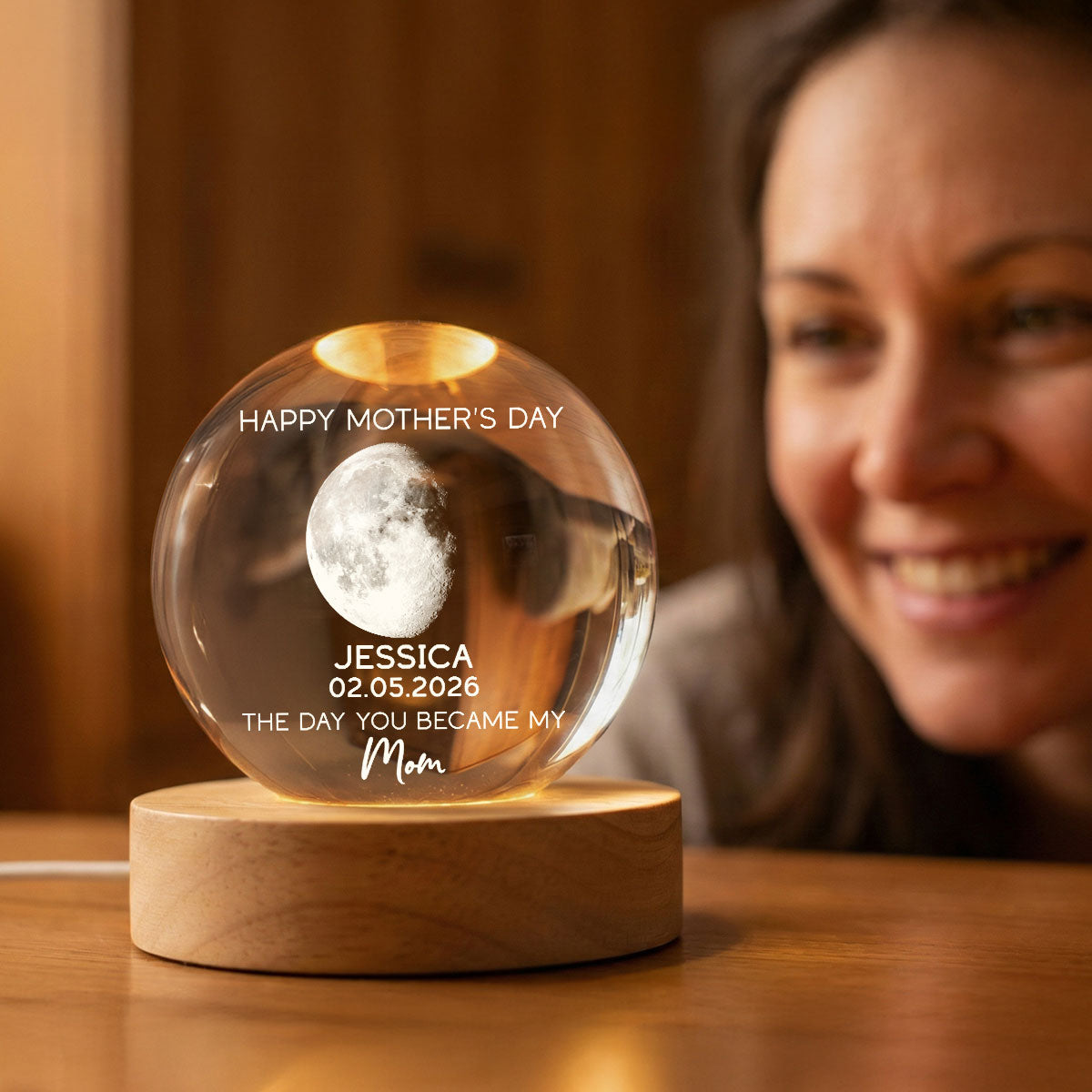 The Days You Became Our Mom Custom Moon Phase - Personalized Crystal Ball LED Night Light - Mother's Day Gift For Mom