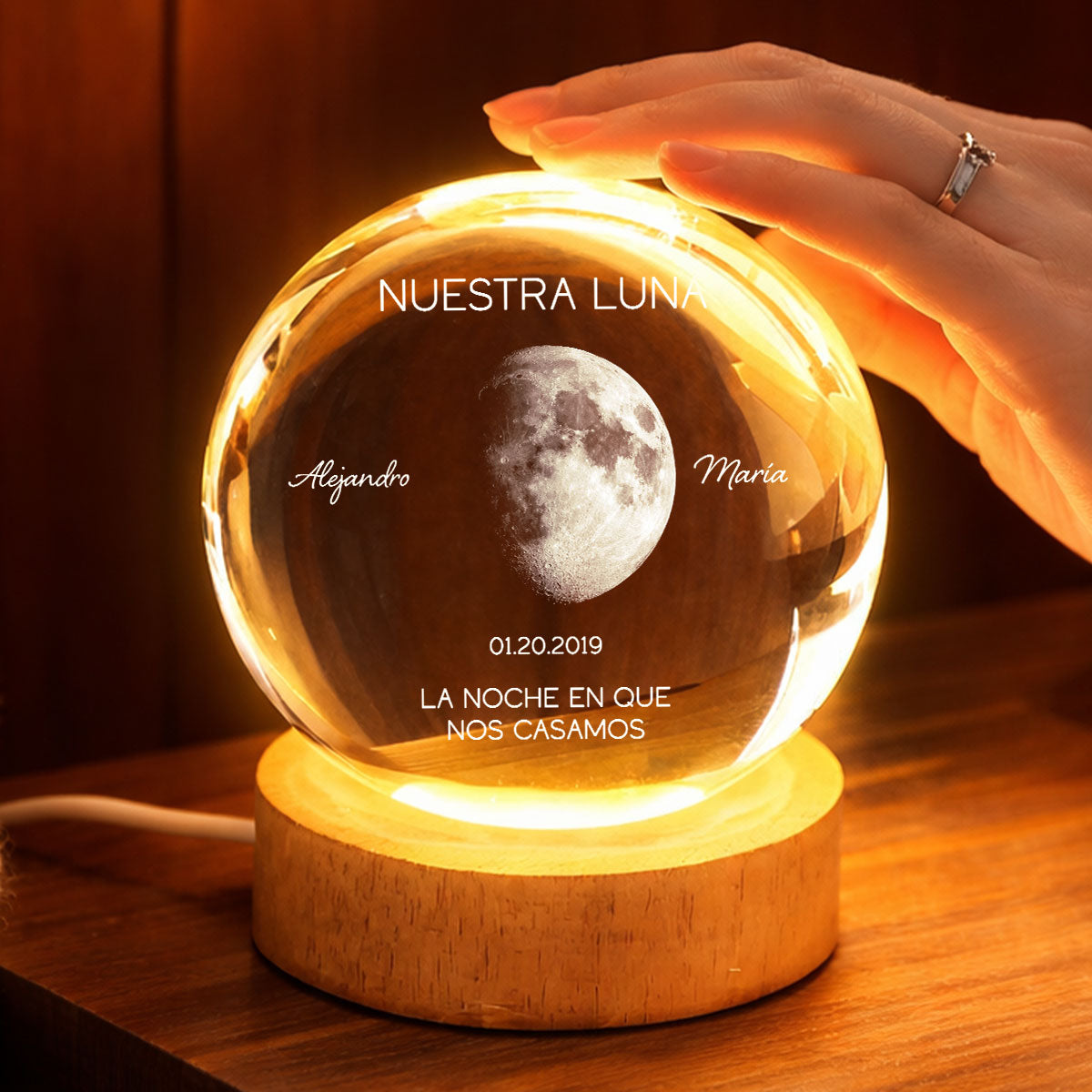 Nuestra Luna – Fase Lunar Personalizada por Fecha – Bola de Cristal con Luz Nocturna – Regalo de Aniversario