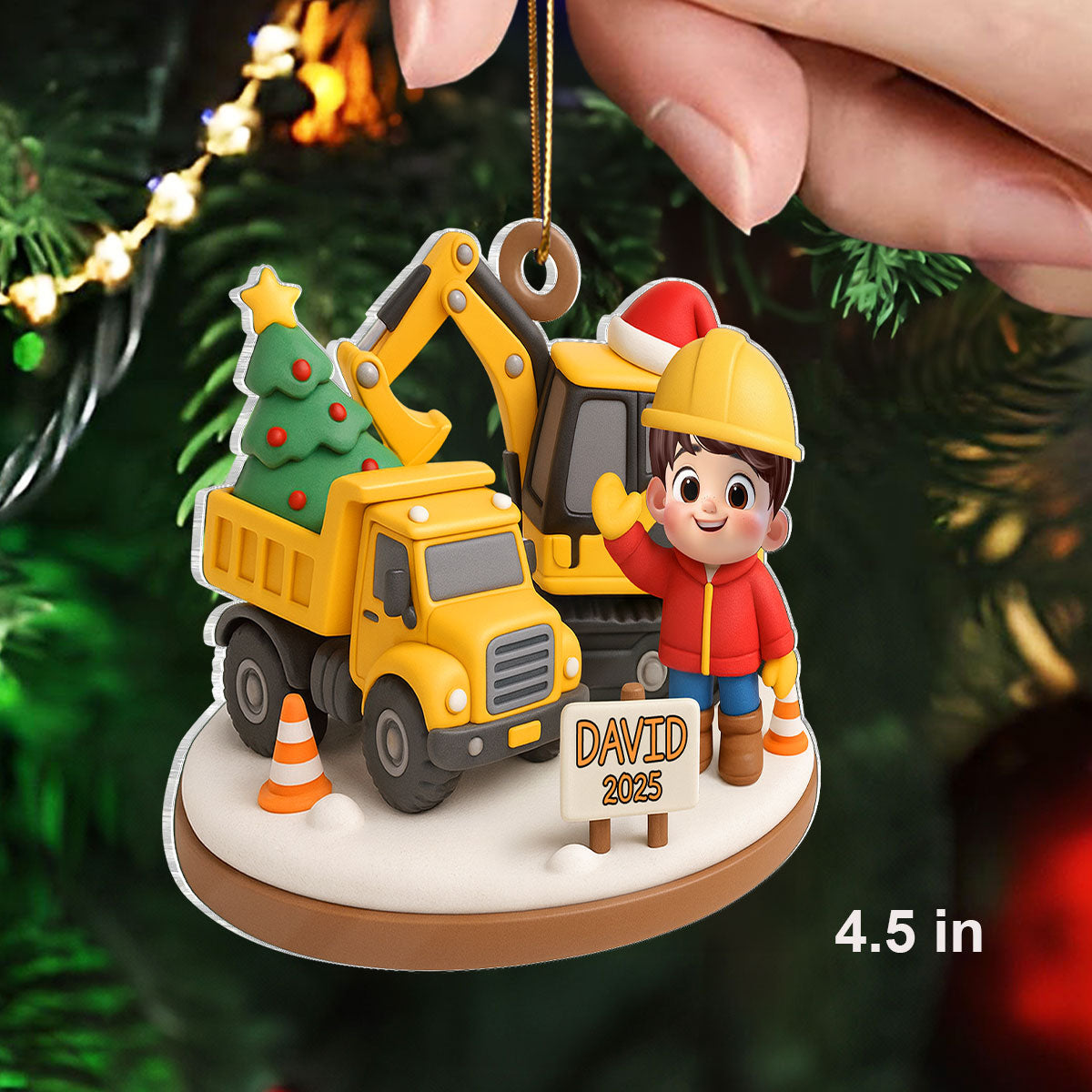 Cute Little Kid With Construction Struck - Personalized Acrylic Ornament - Christmas Gift for Kid, Grandkids