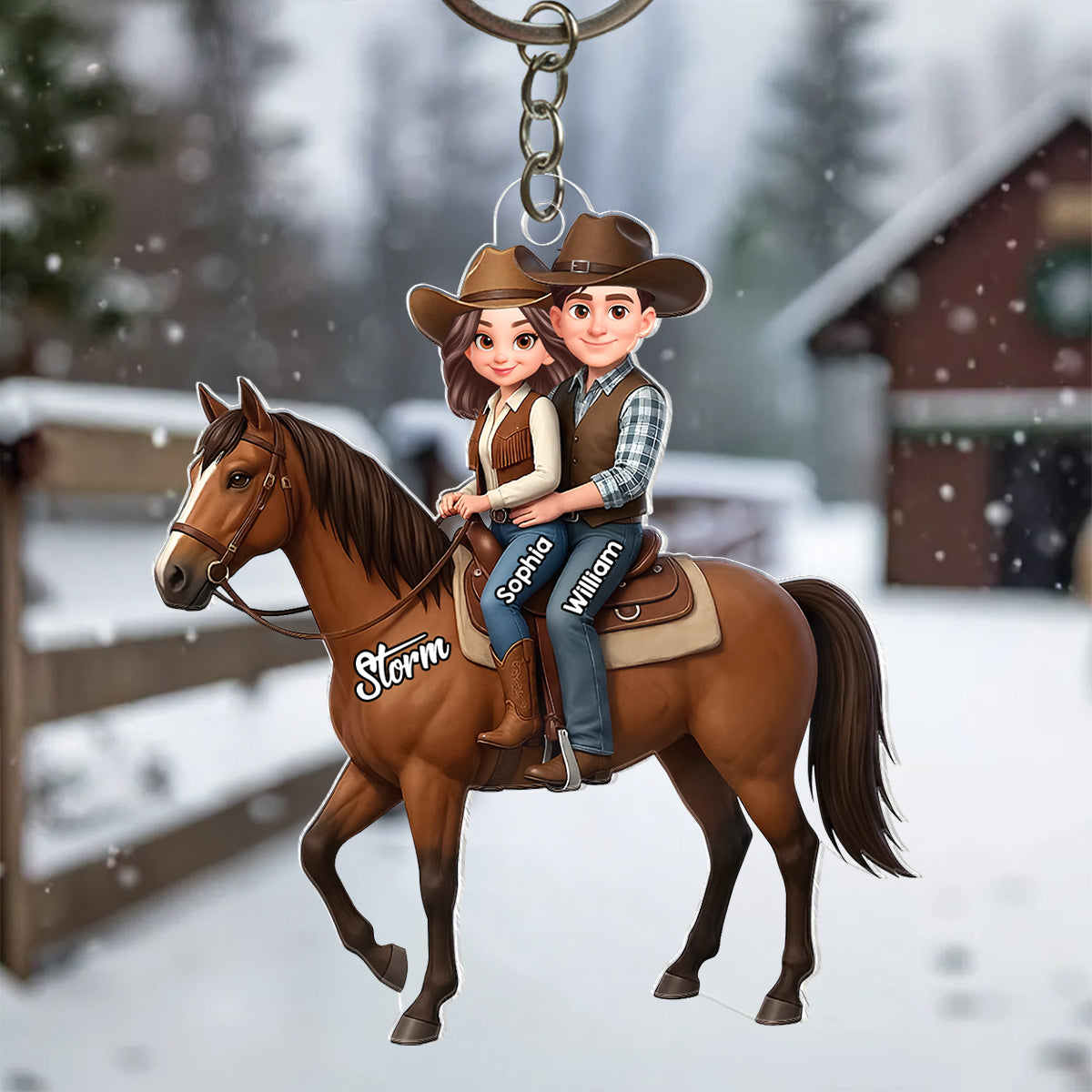 3D Effect Couple And Their Horse - Personalized Acrylic Car Hanger - Valentine's Gift For Couple, For Horse Lovers