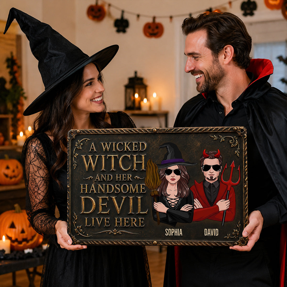 A Wicked Witch and Her Handsome Devil Live Here - Personalized Metal Sign - Halloween Decor for Couples