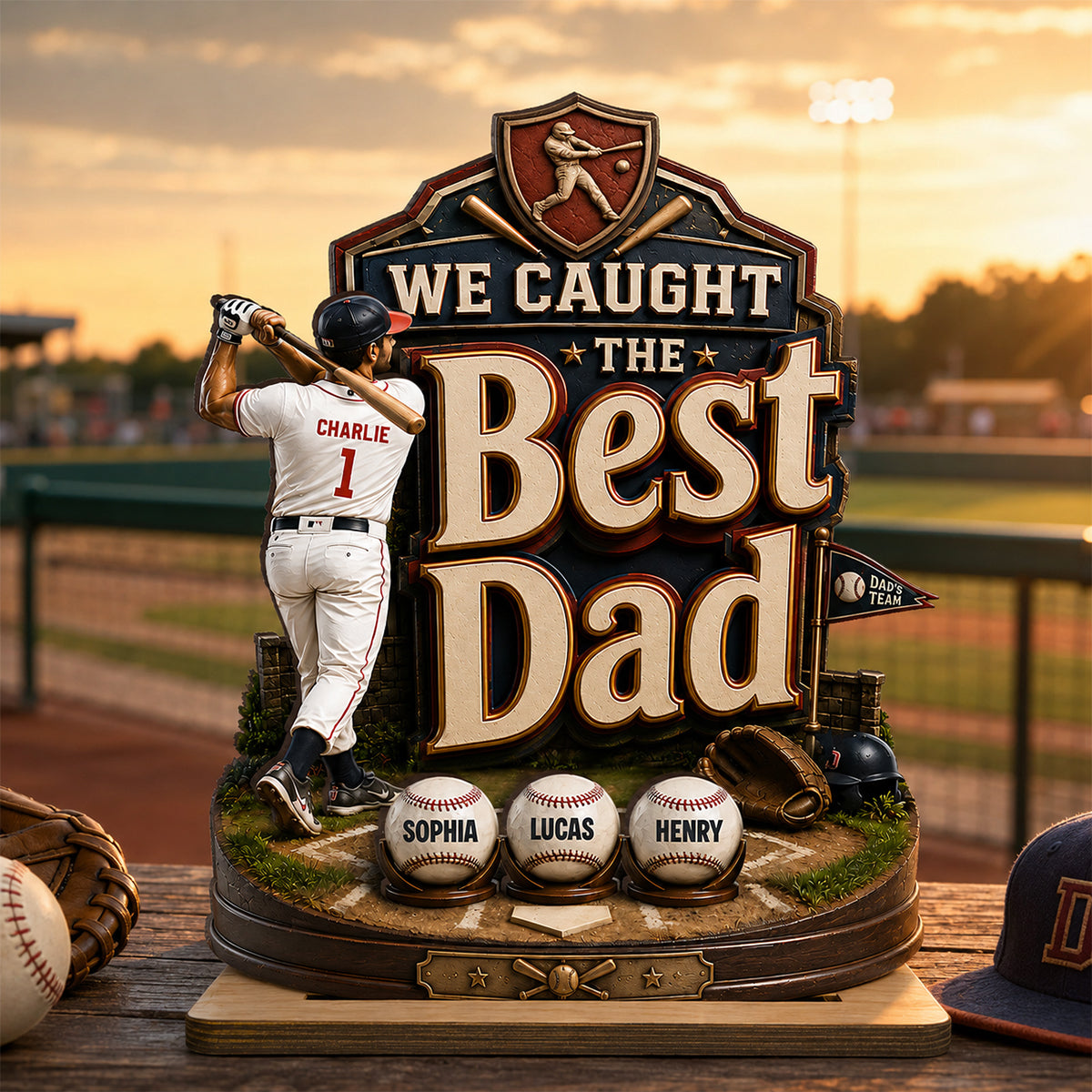 Baseball Dad & Kids We Caught The Best Dad - Personalized 2-Layered Wooden Plaque -  Gift For Baseball Dad, Husband
